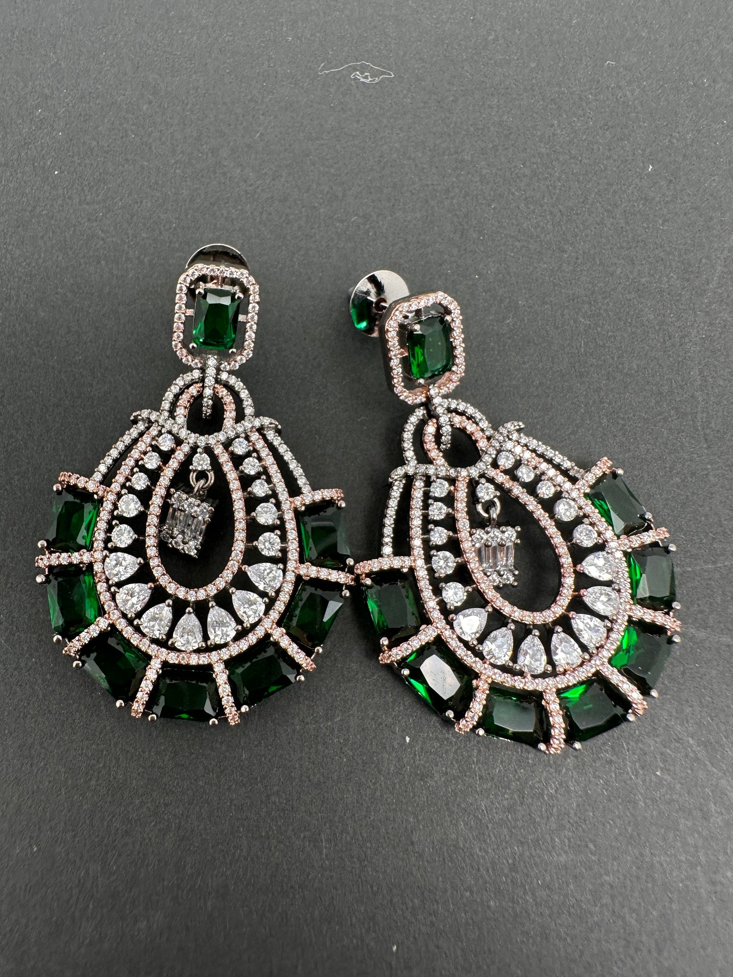 AD Color Stone Floral Victorian Finish Earrings - Green