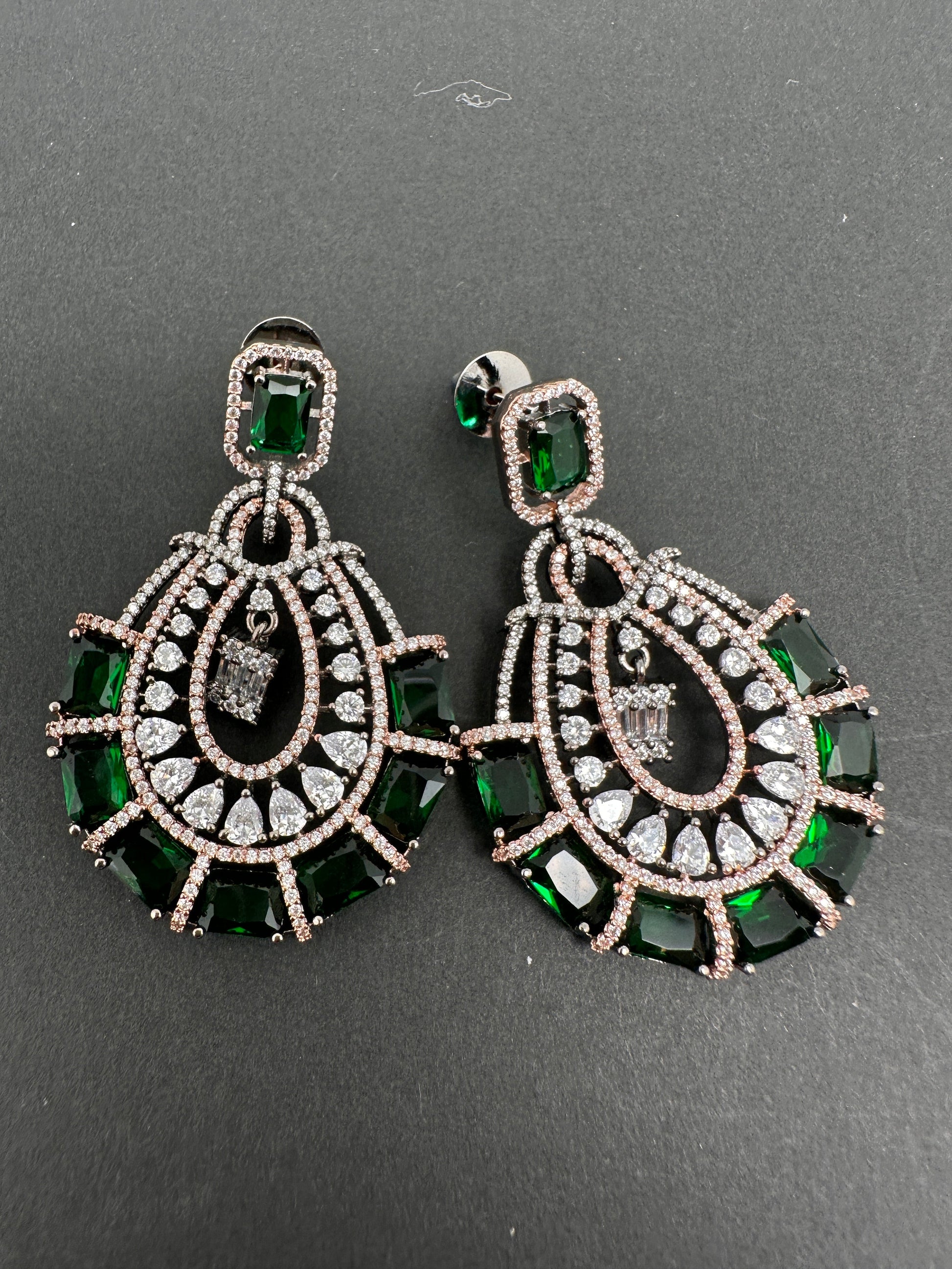 AD Color Stone Floral Victorian Finish Earrings - Green