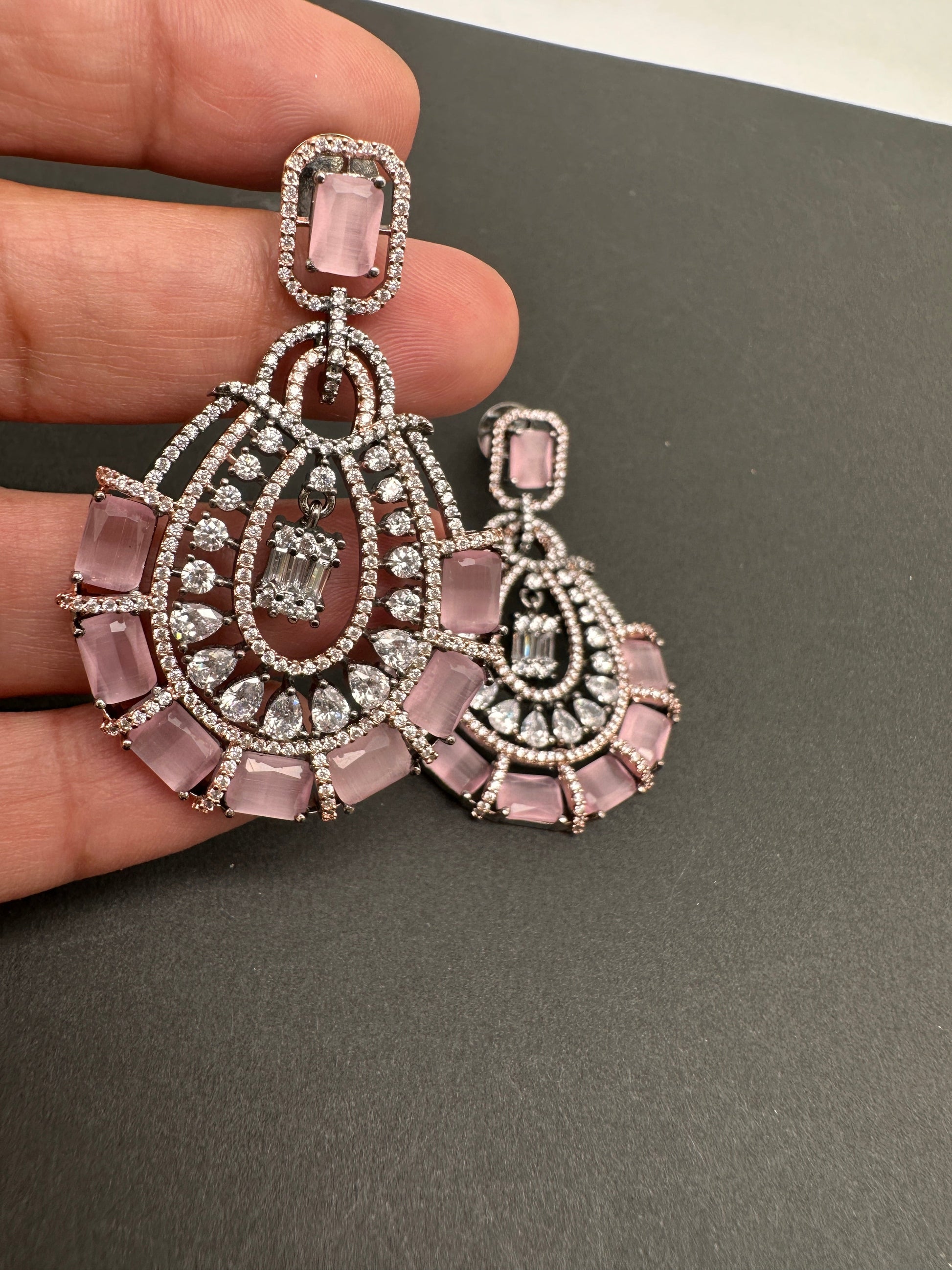 AD Color Stone Floral Victorian Finish Earrings - Pink