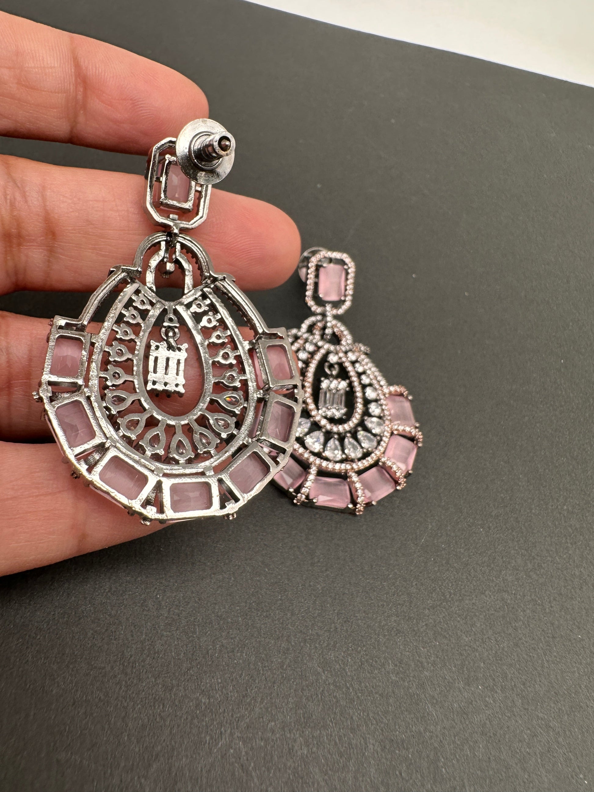 AD Color Stone Floral Victorian Finish Earrings - Pink