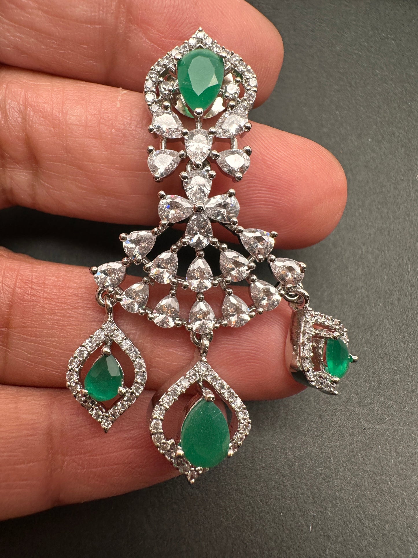 AD Color Stone Silver Finish Earrings - Green