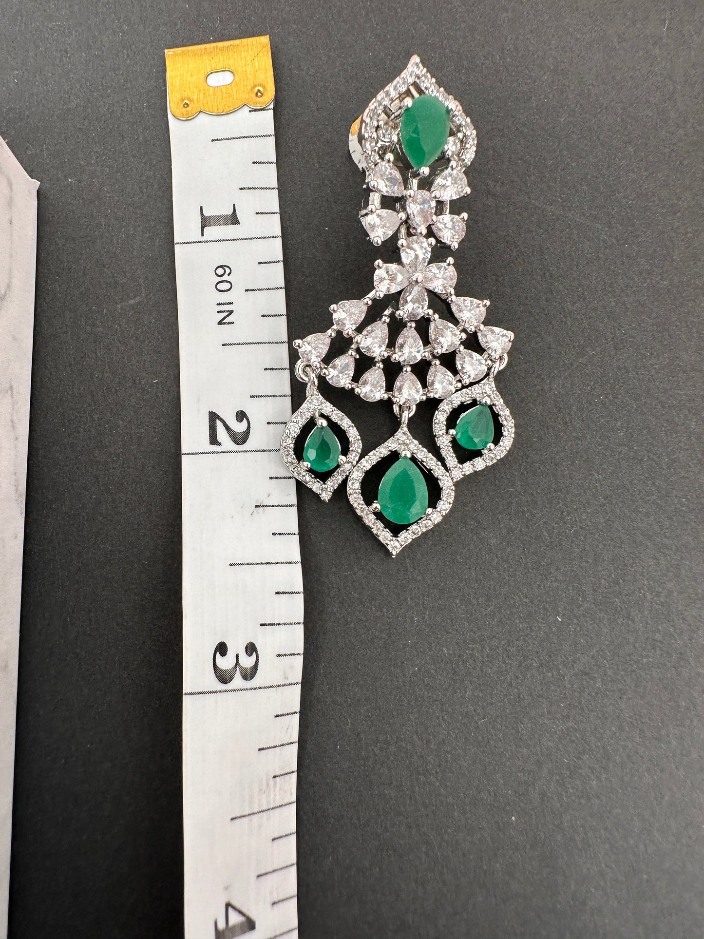 AD Color Stone Silver Finish Earrings - Green