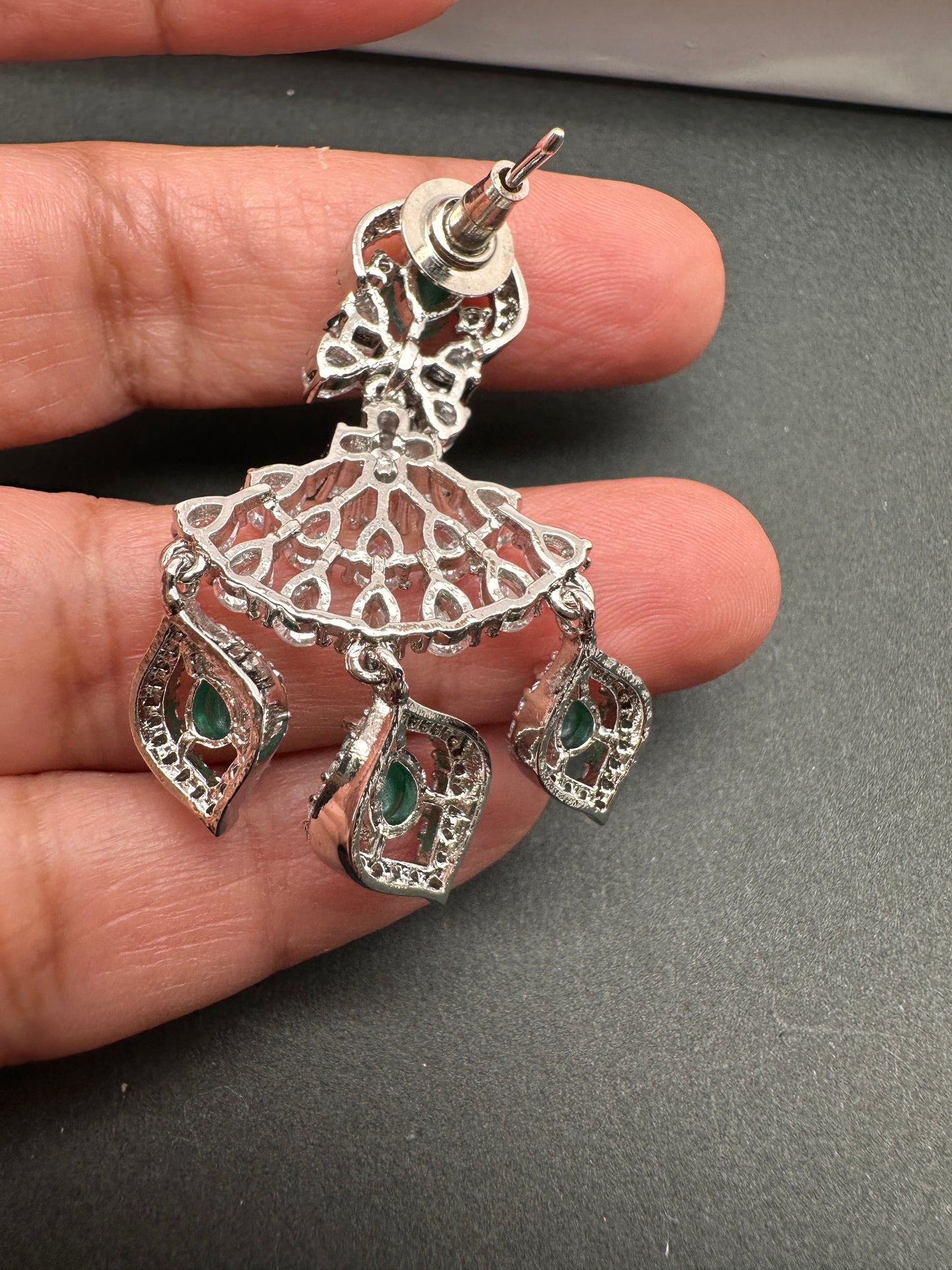 AD Color Stone Silver Finish Earrings - Green