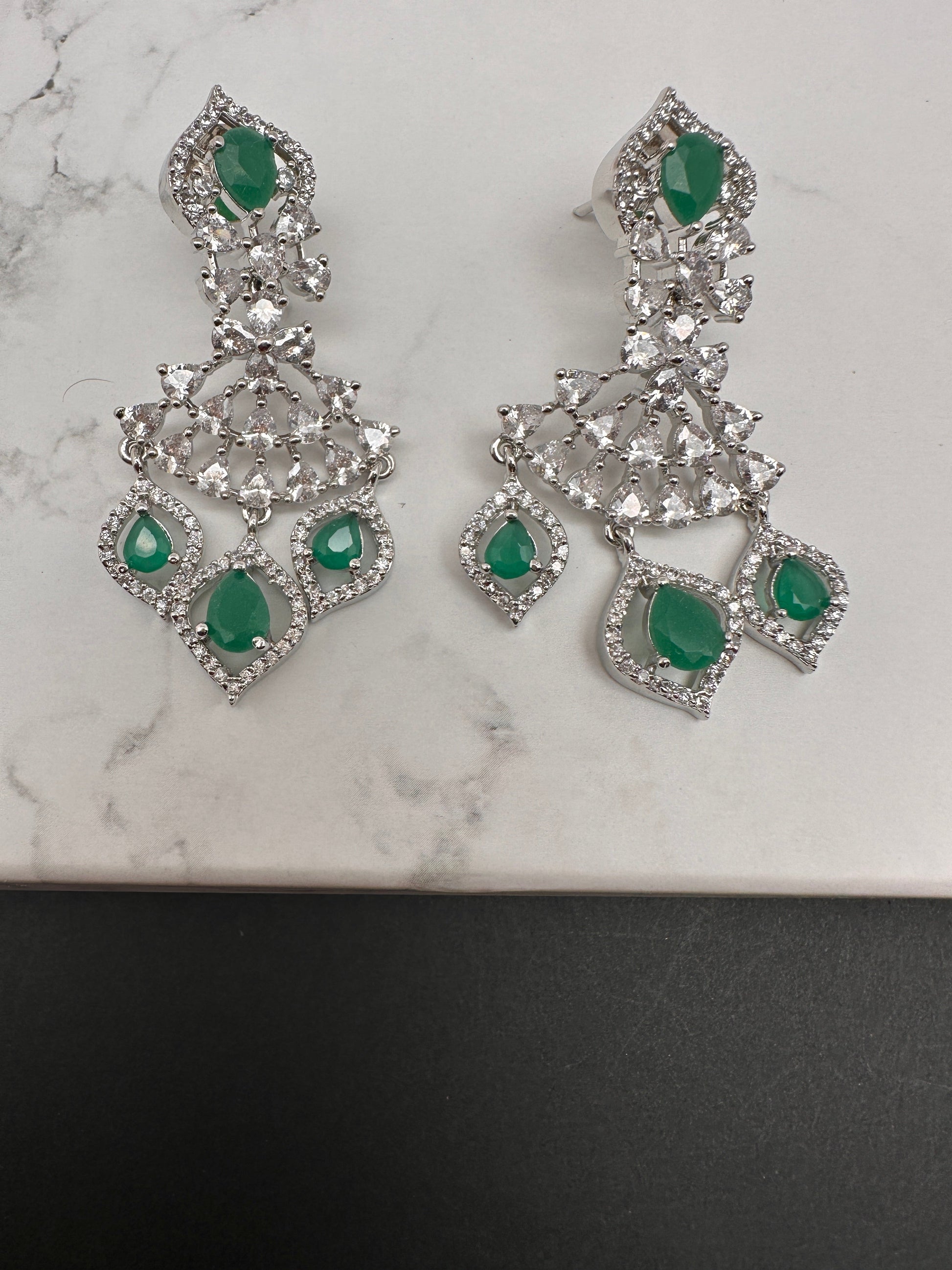 AD Color Stone Silver Finish Earrings - Green