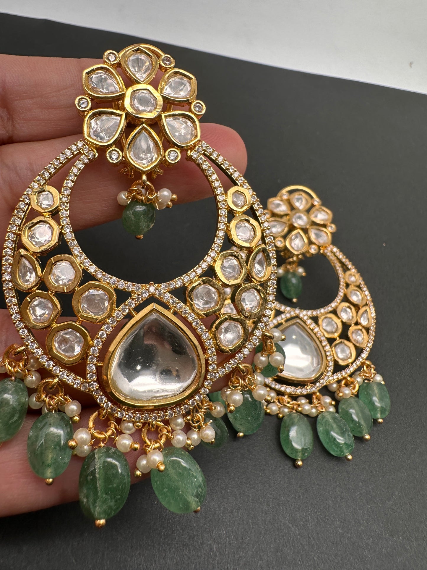 AD Kundan Chandbali Green Beads Earrings