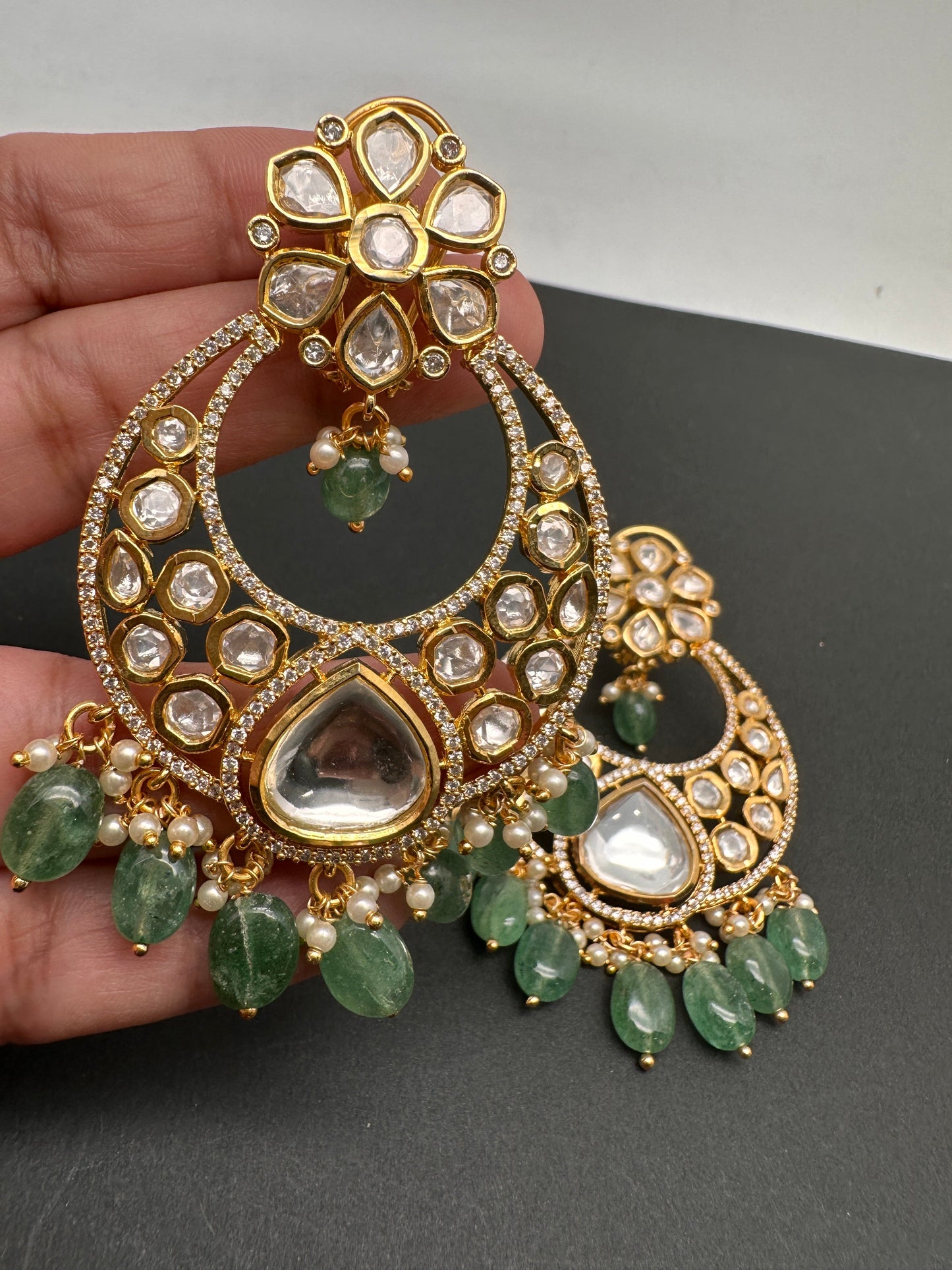 AD Kundan Chandbali Green Beads Earrings