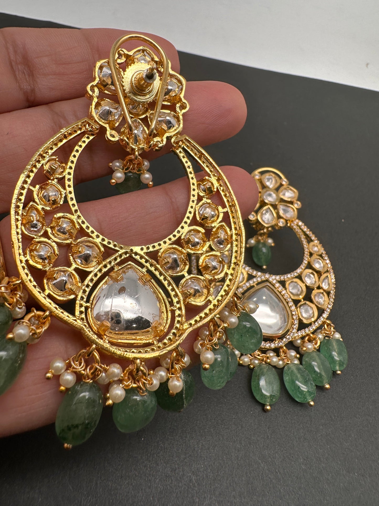 AD Kundan Chandbali Green Beads Earrings