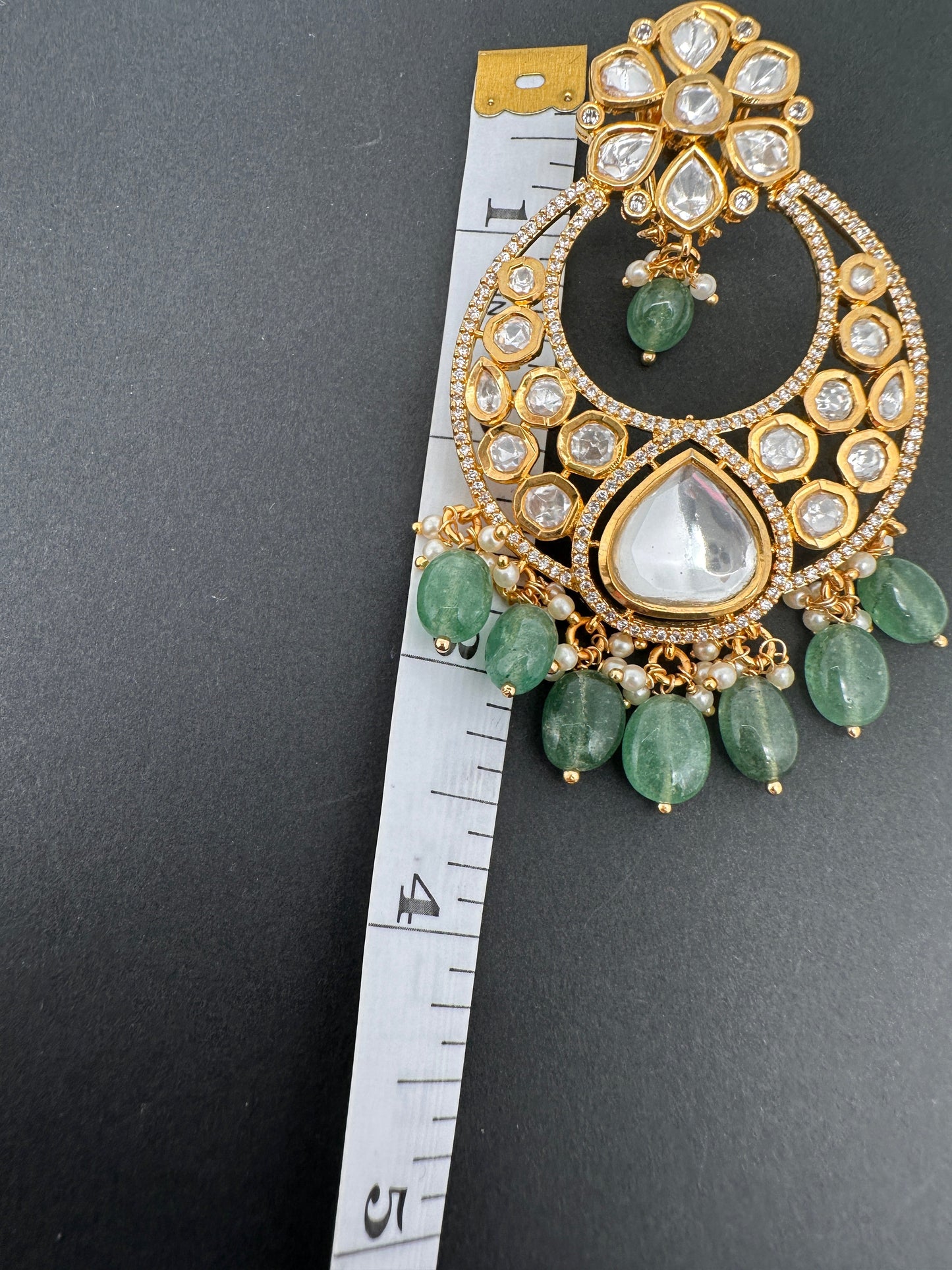 AD Kundan Chandbali Green Beads Earrings