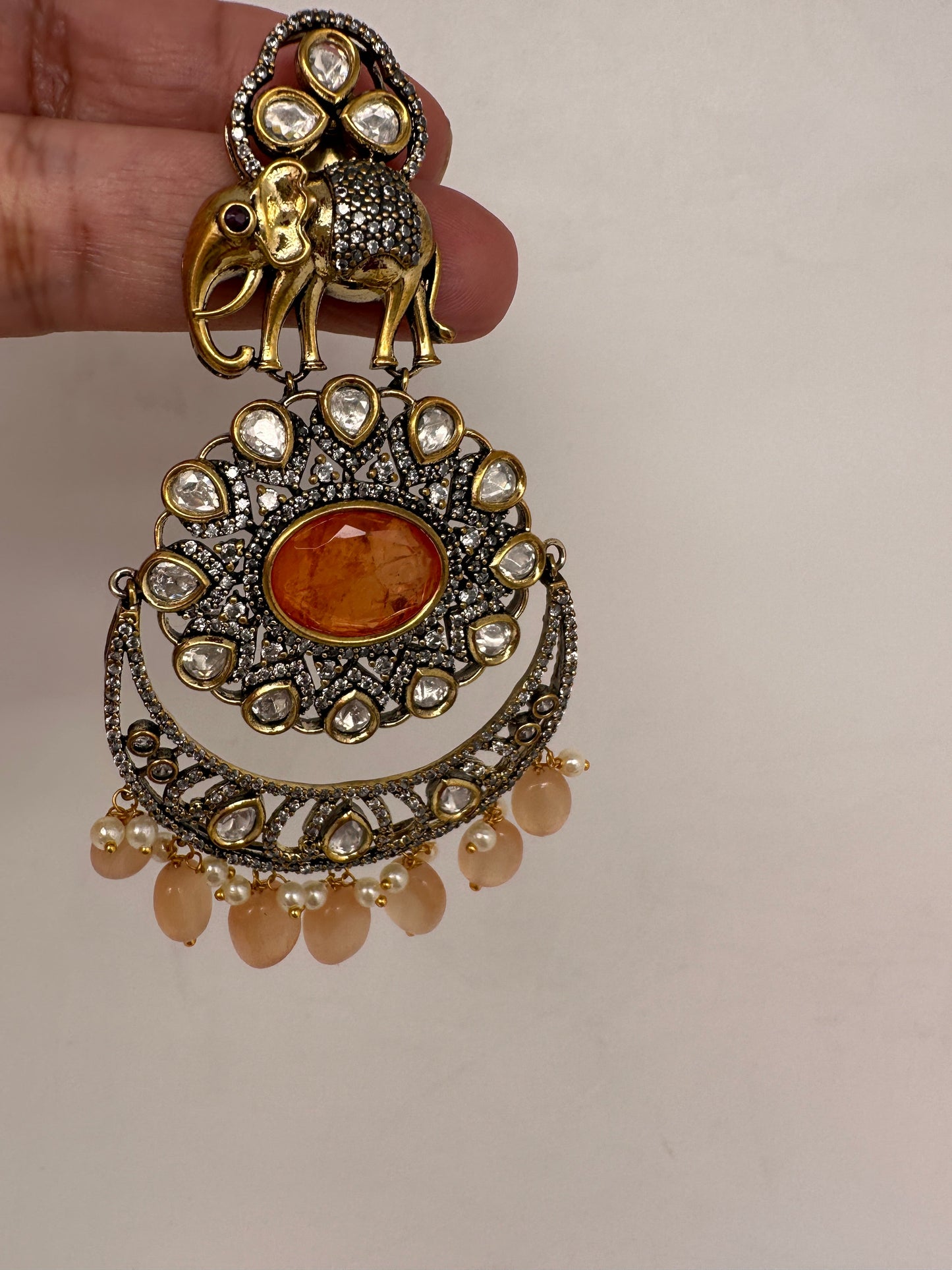 Kundan AD Peach Stone Elephant Design Victorian Finish Earrings
