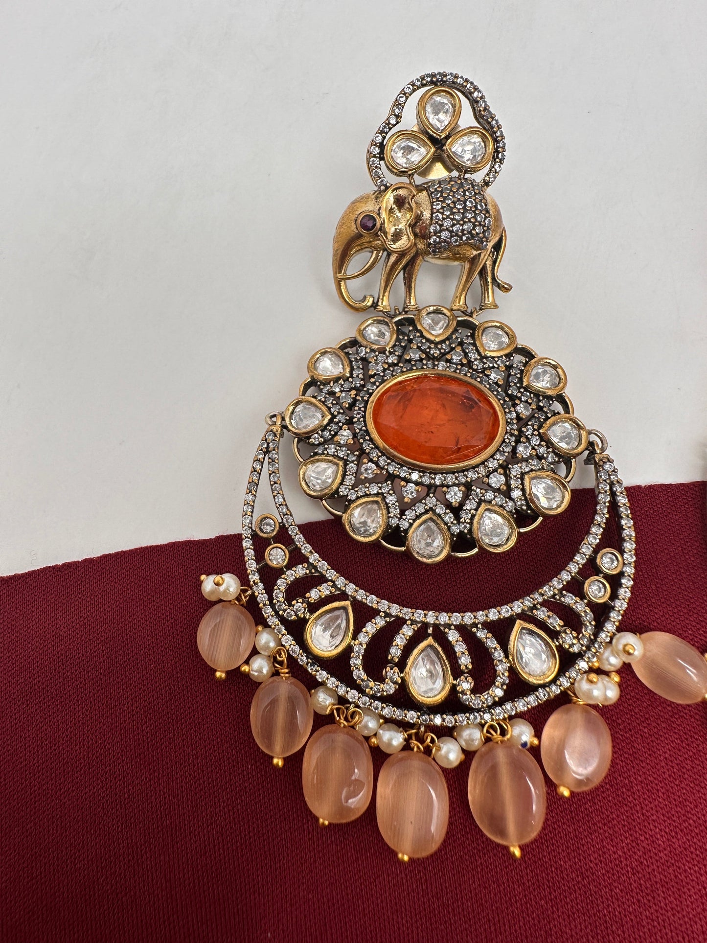 Kundan AD Peach Stone Elephant Design Victorian Finish Earrings