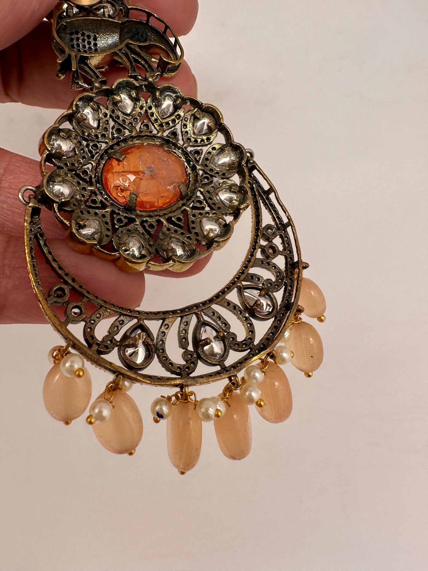 Kundan AD Peach Stone Elephant Design Victorian Finish Earrings