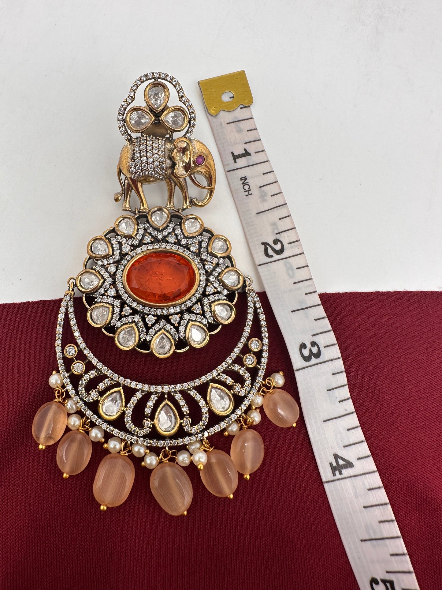 Kundan AD Peach Stone Elephant Design Victorian Finish Earrings