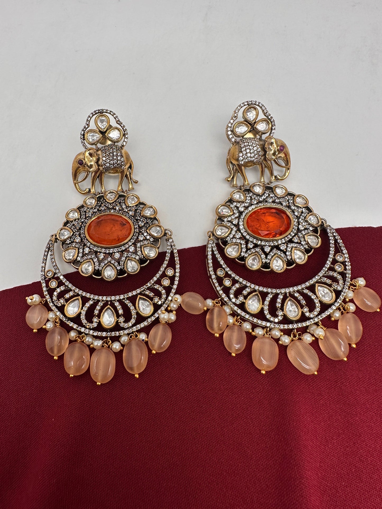 Kundan AD Peach Stone Elephant Design Victorian Finish Earrings