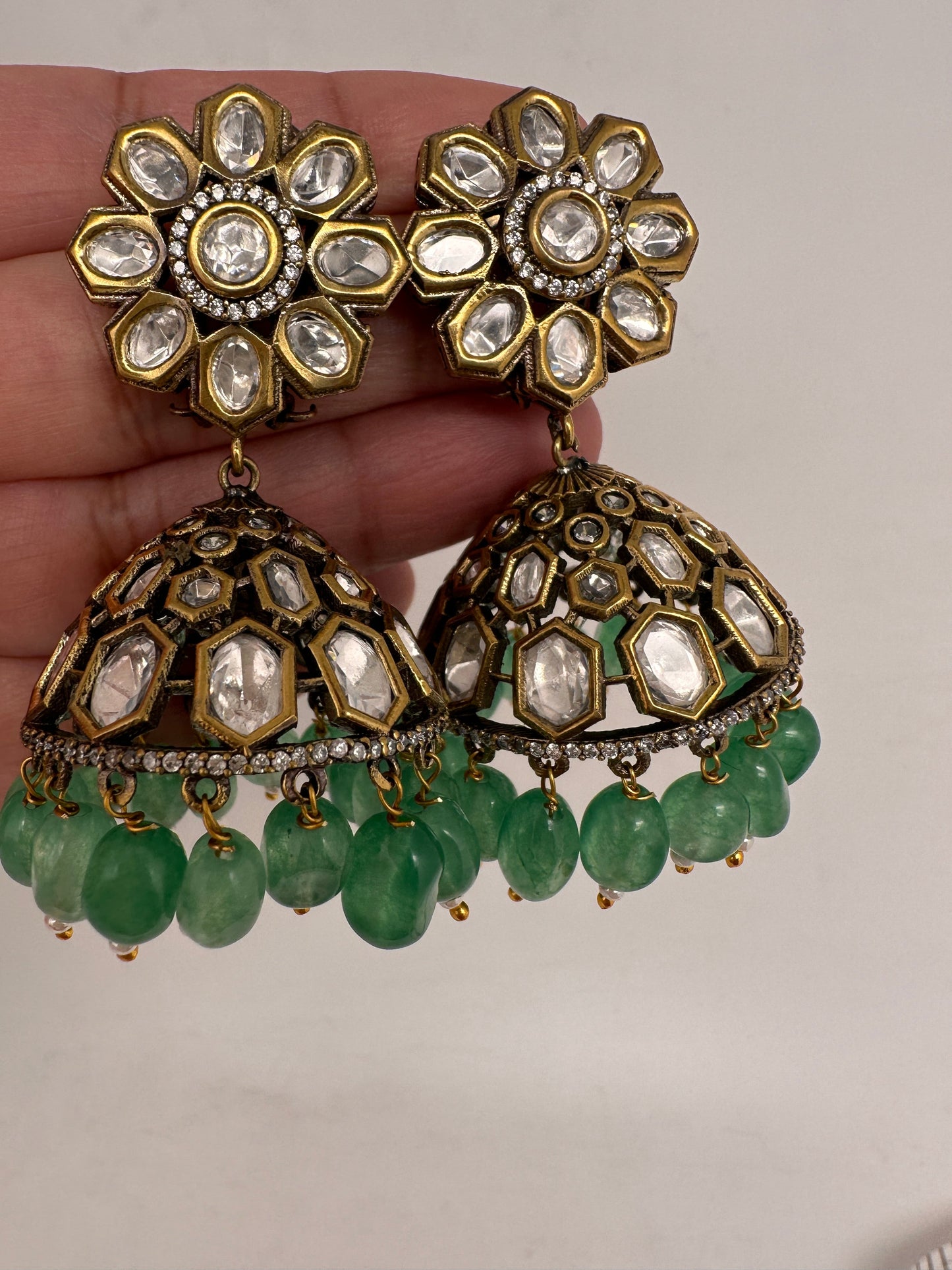 Kundan Clear Stone Victorian Finish Jhumki - Green