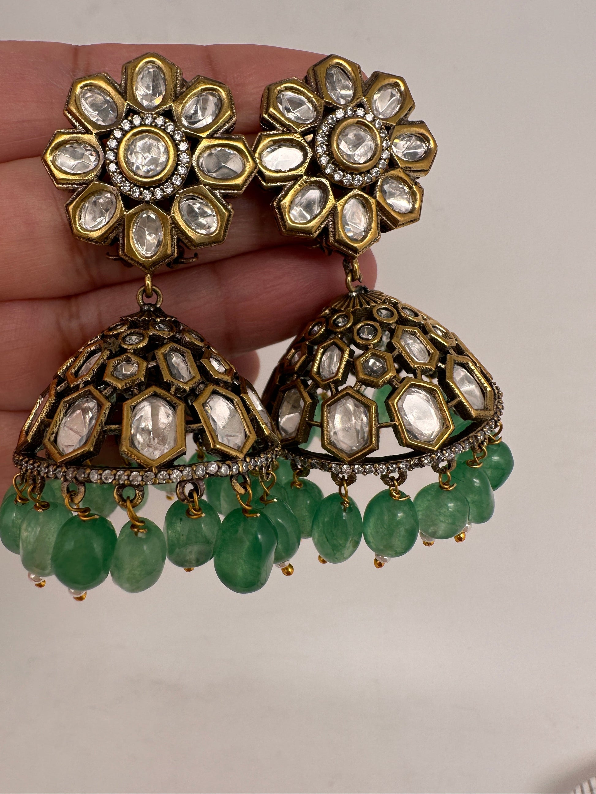 Kundan Clear Stone Victorian Finish Jhumki - Green