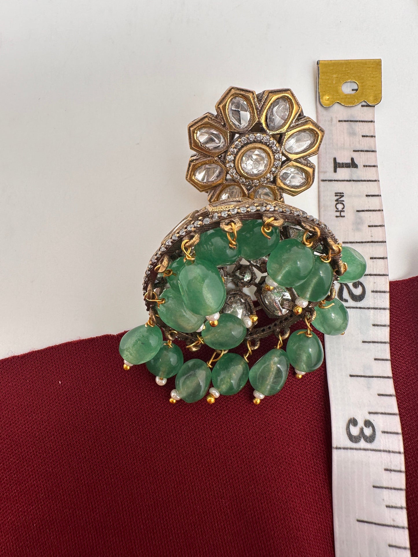 Kundan Clear Stone Victorian Finish Jhumki - Green