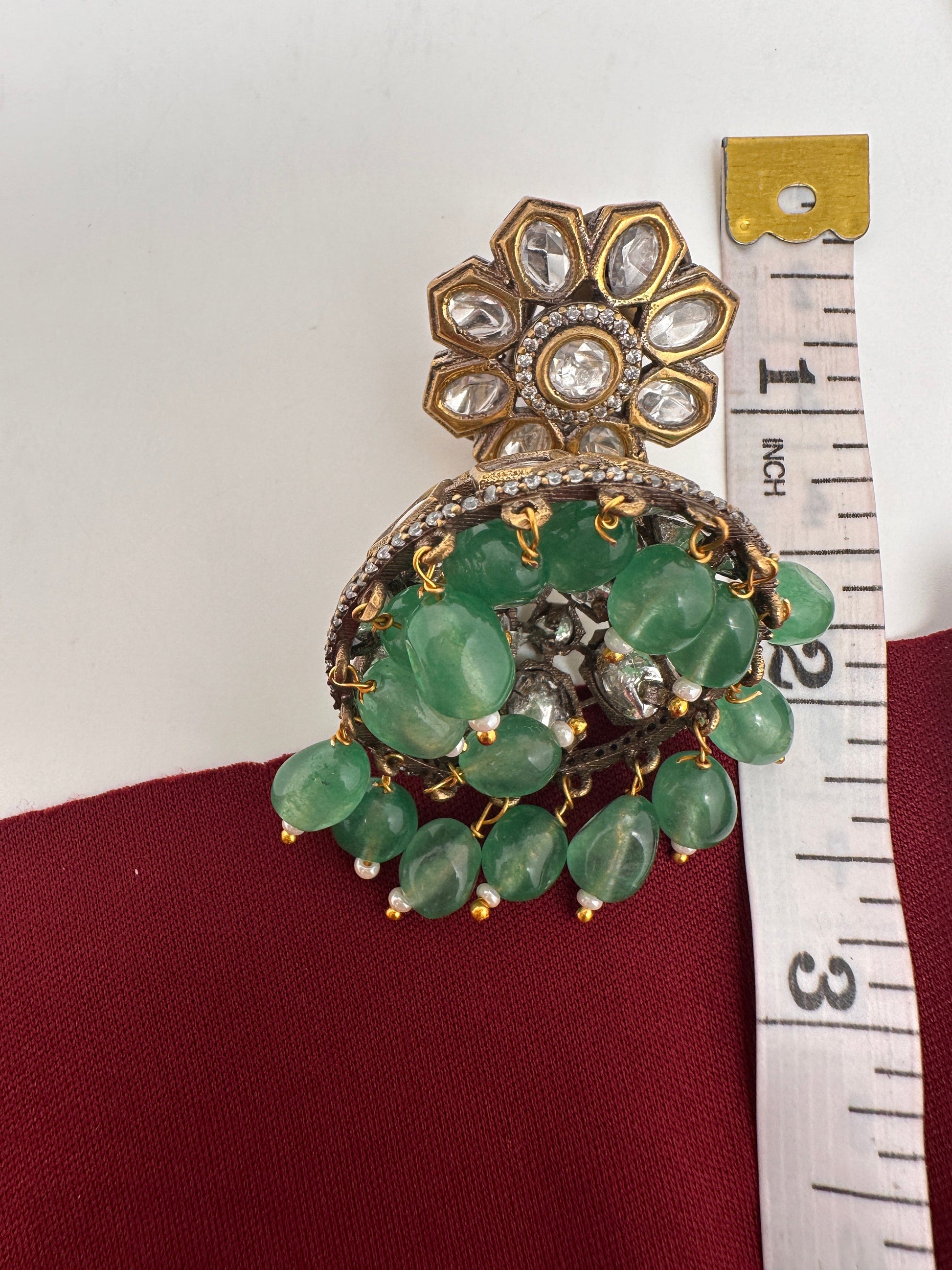 Kundan Clear Stone Victorian Finish Jhumki - Green