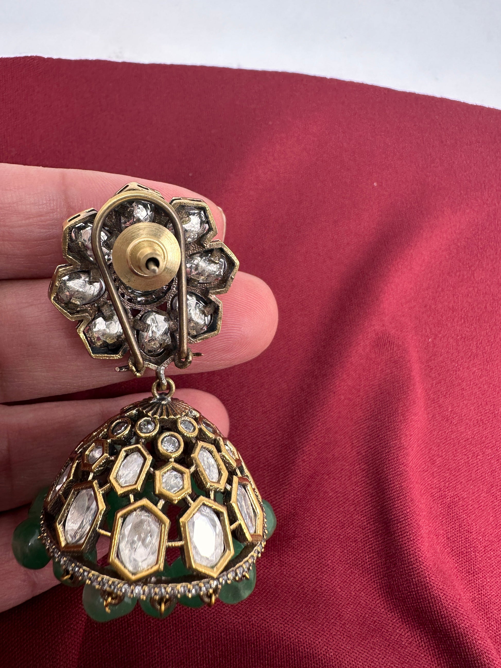 Kundan Clear Stone Victorian Finish Jhumki - Green