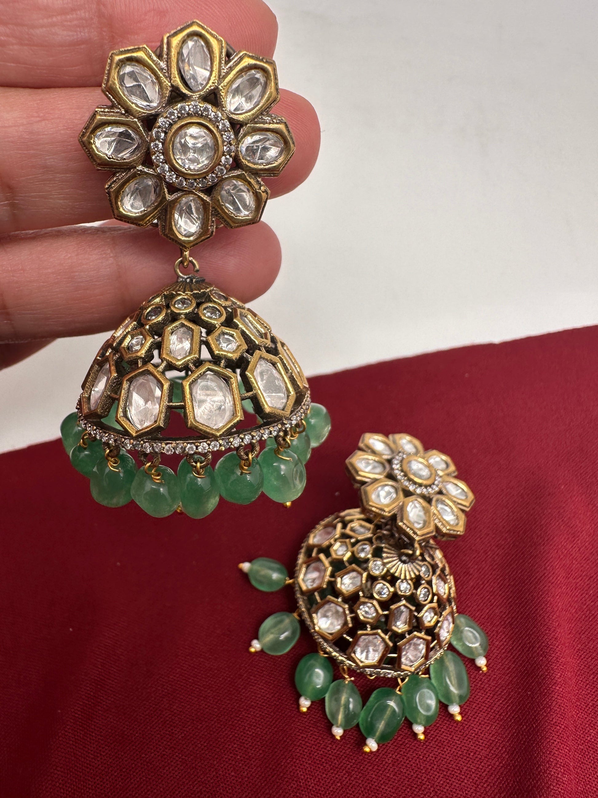 Kundan Clear Stone Victorian Finish Jhumki - Green
