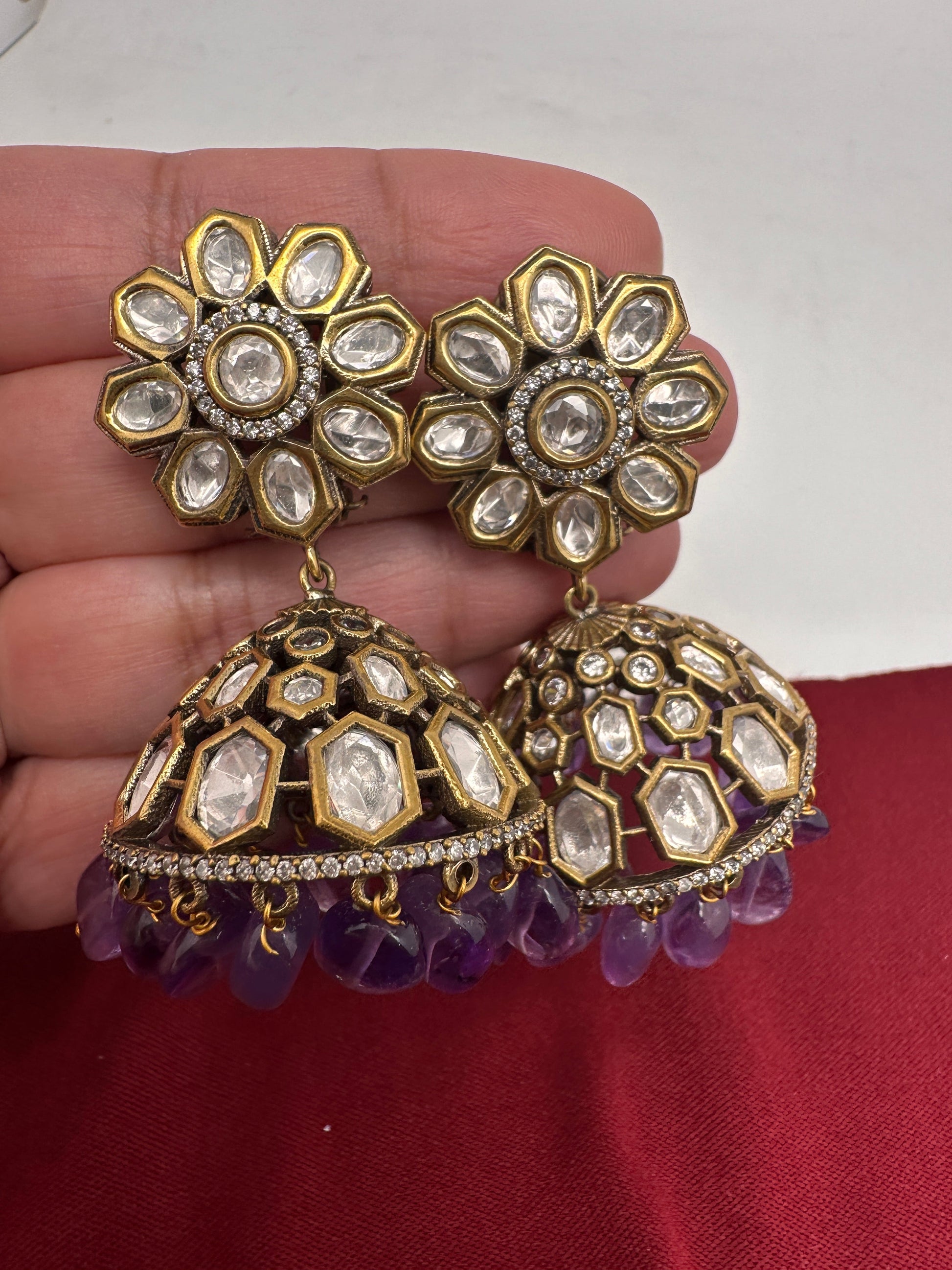 Kundan Clear Stone Victorian Finish Jhumki - Purple