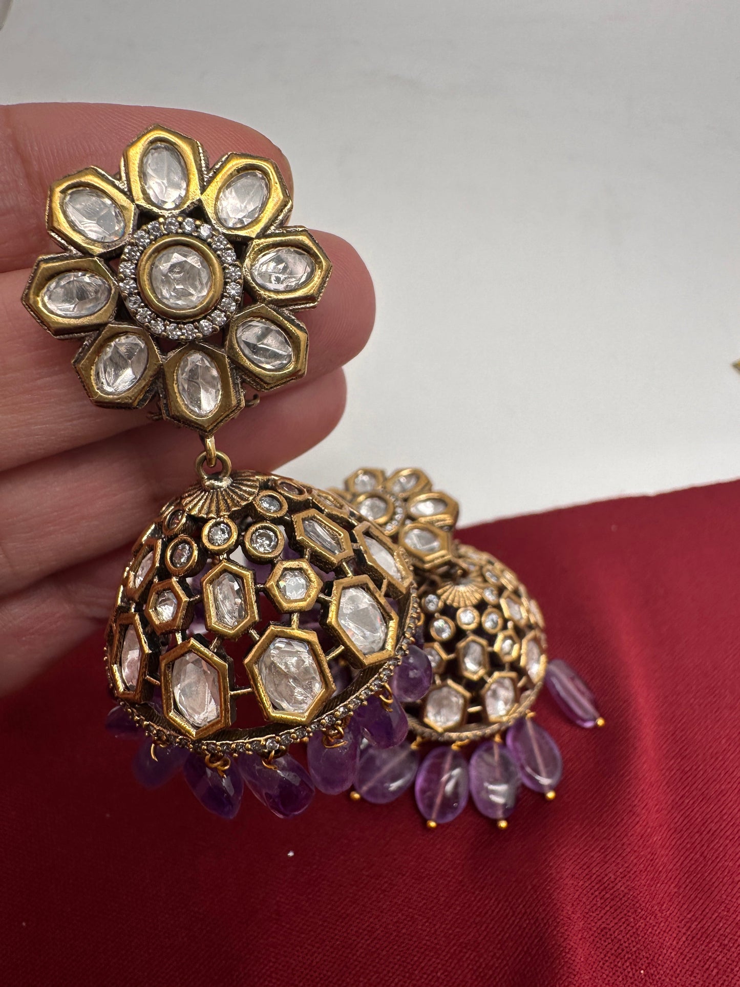 Kundan Clear Stone Victorian Finish Jhumki - Purple