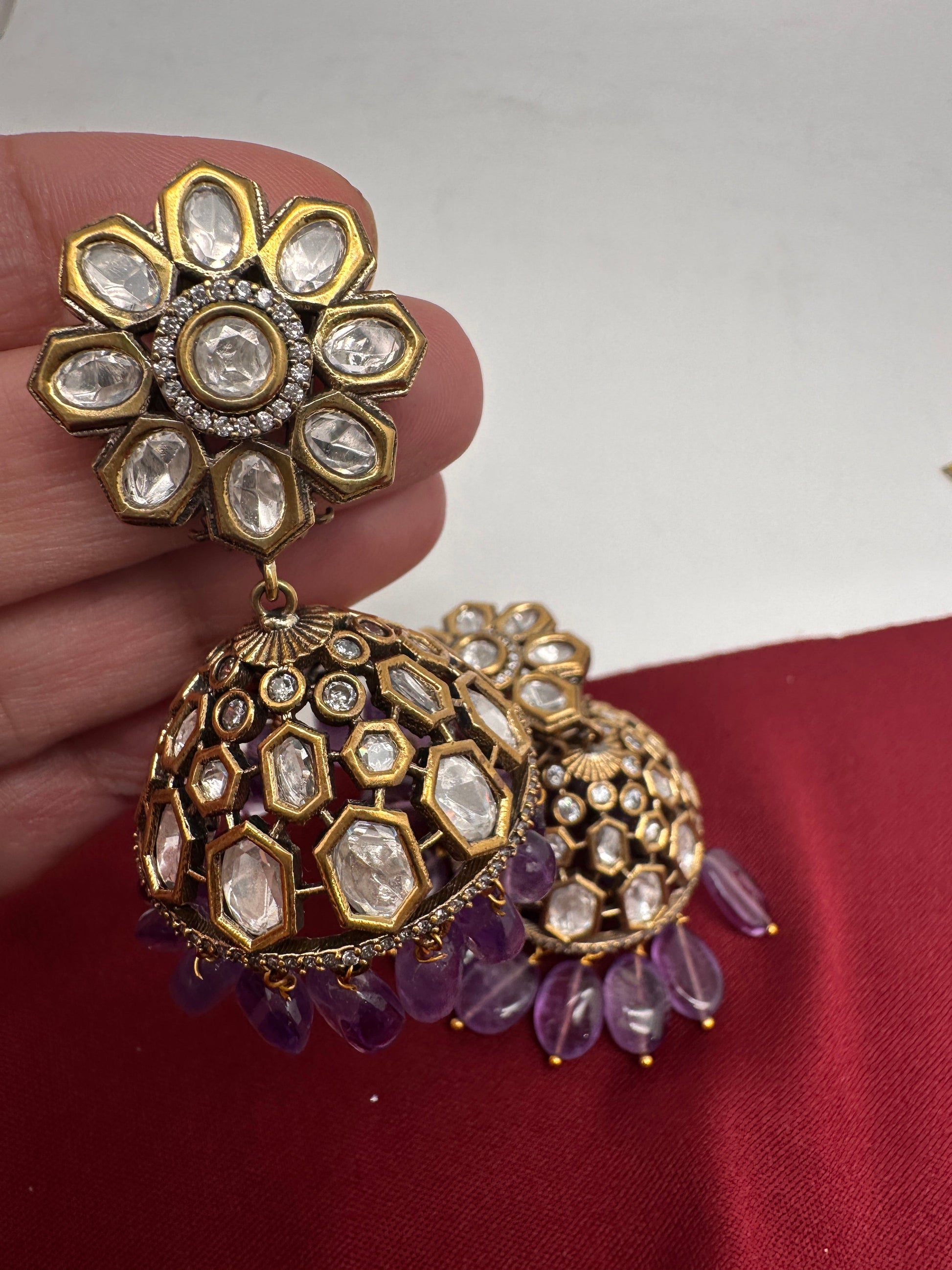 Kundan Clear Stone Victorian Finish Jhumki - Purple