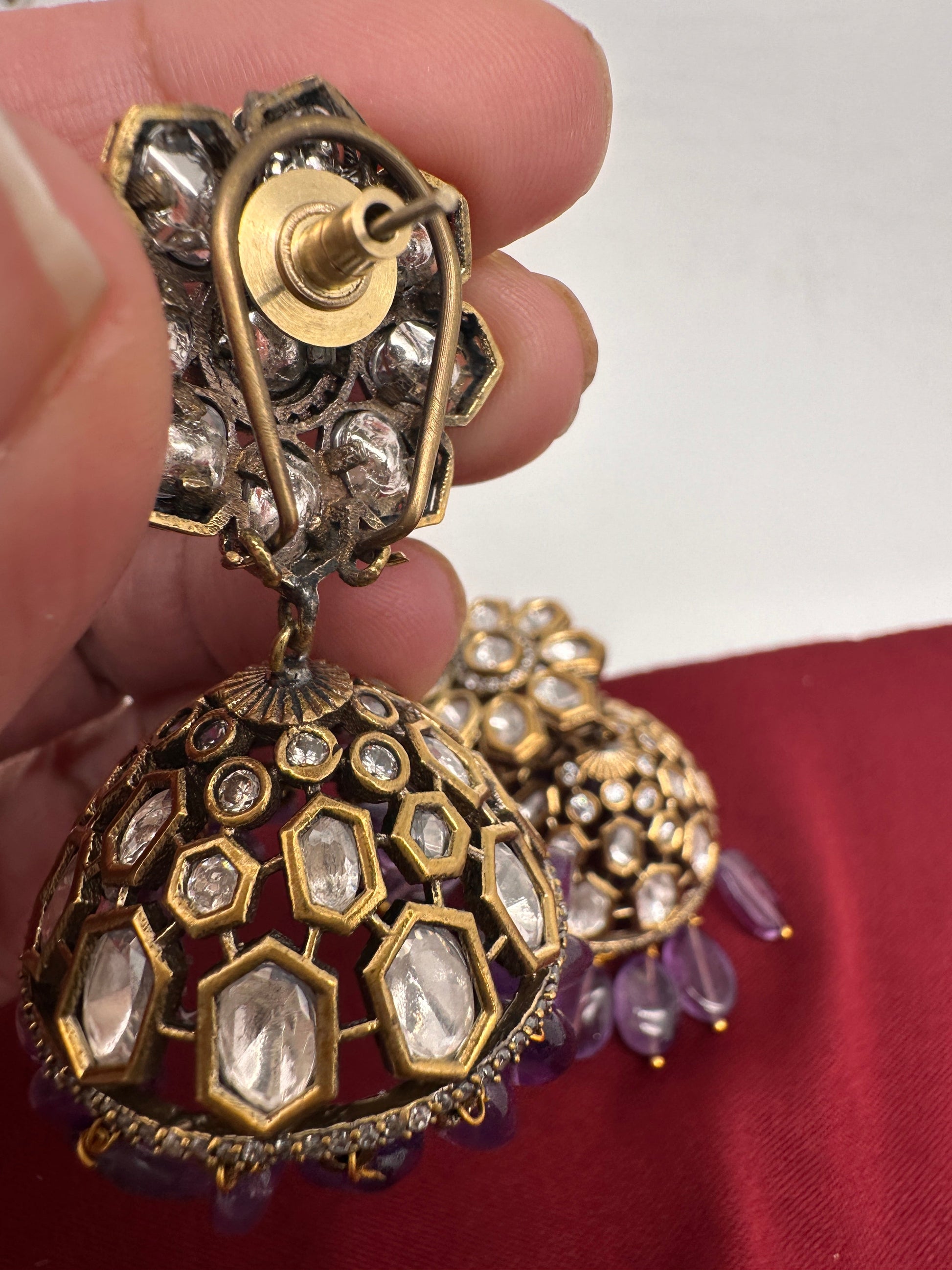 Kundan Clear Stone Victorian Finish Jhumki - Purple