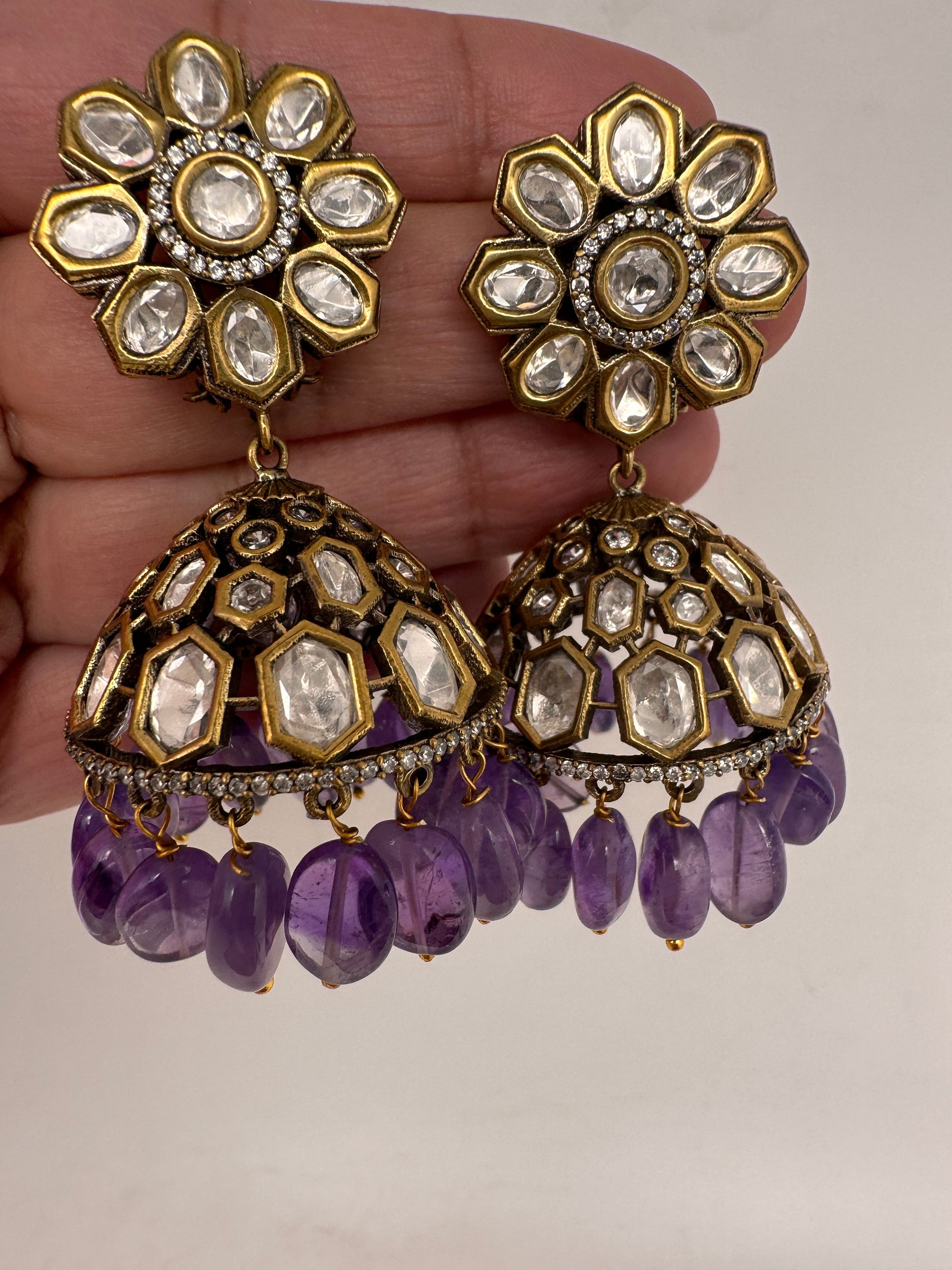 Kundan Clear Stone Victorian Finish Jhumki - Purple