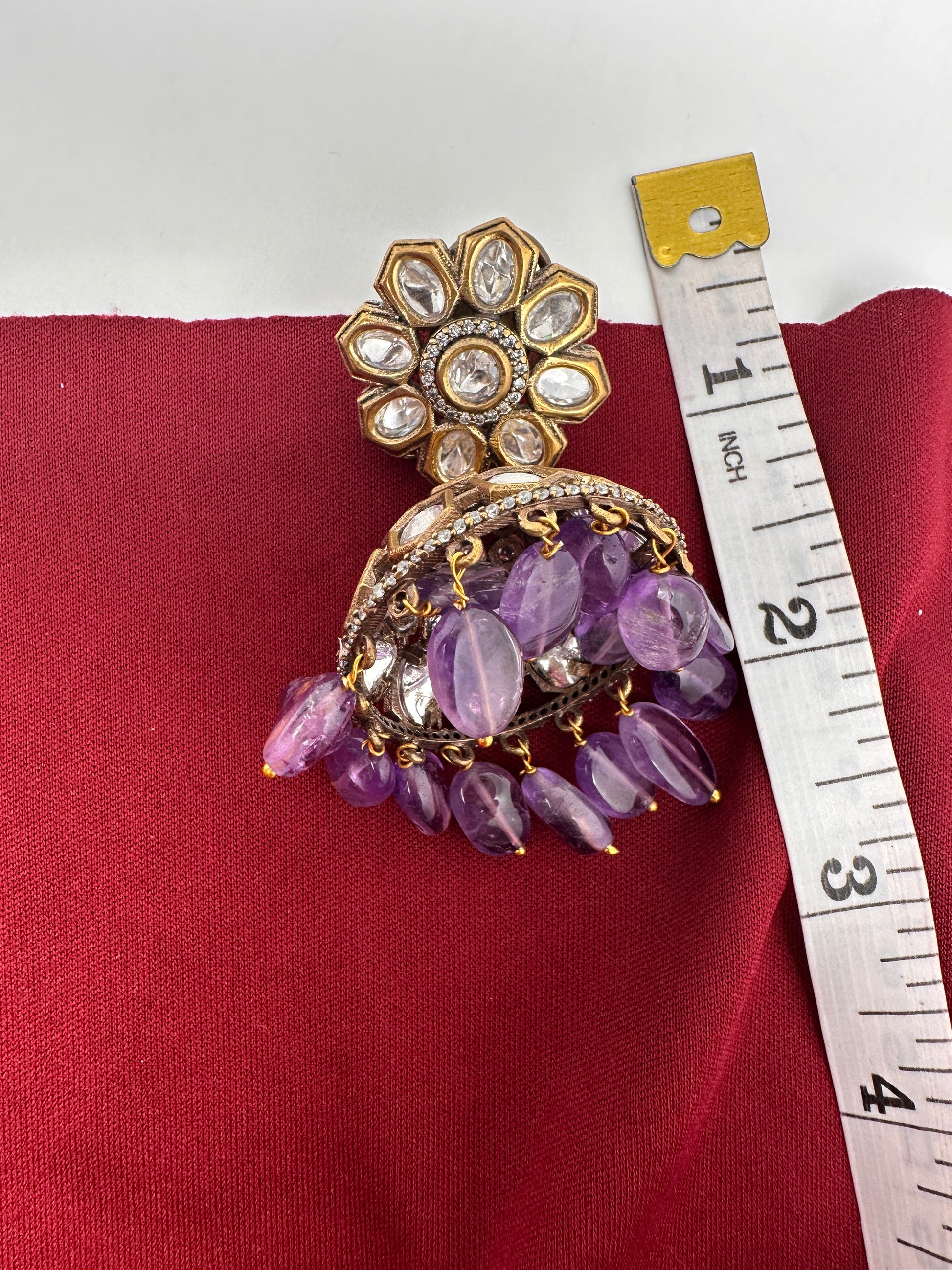 Kundan Clear Stone Victorian Finish Jhumki - Purple