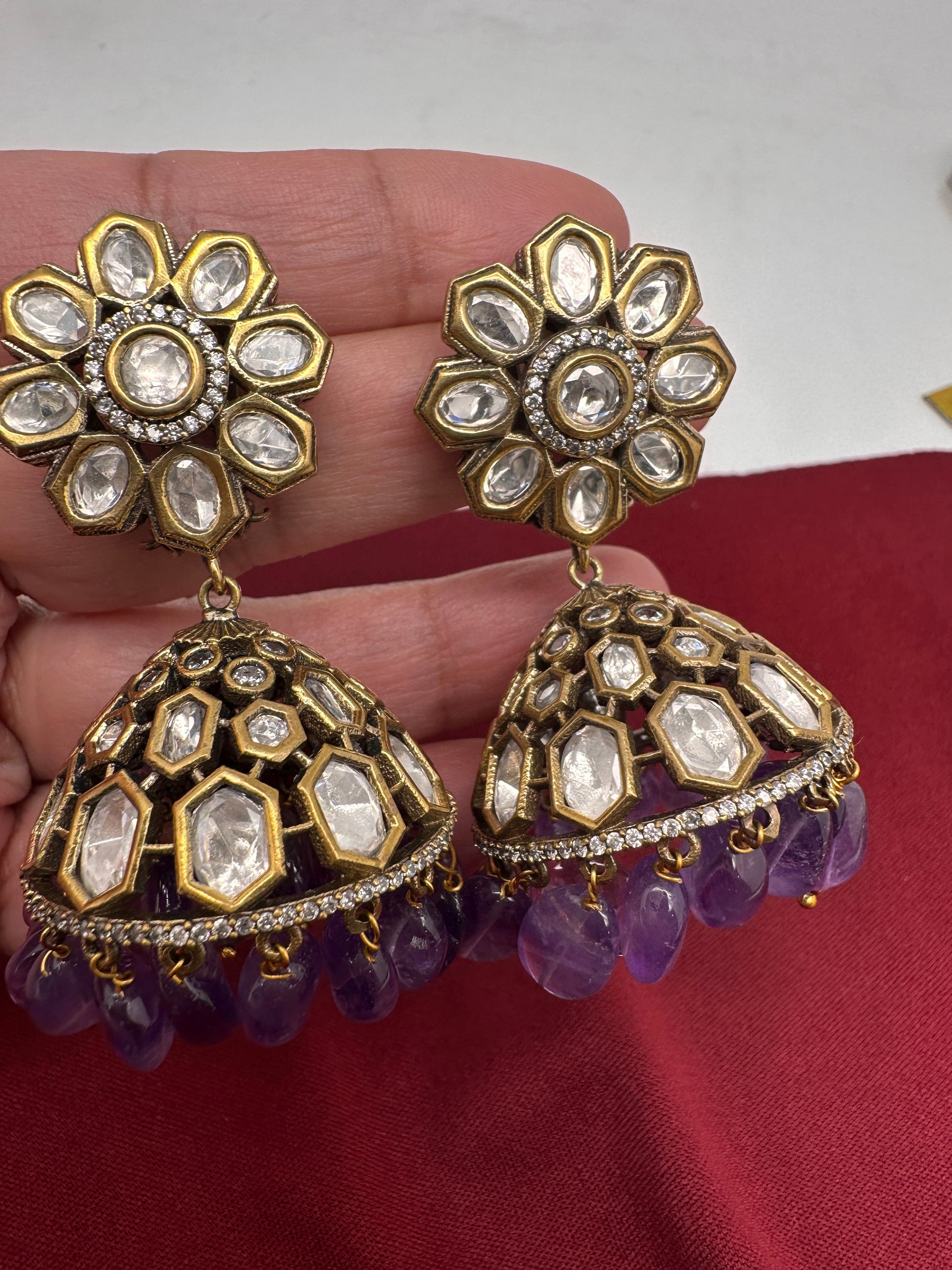 Kundan Clear Stone Victorian Finish Jhumki - Purple