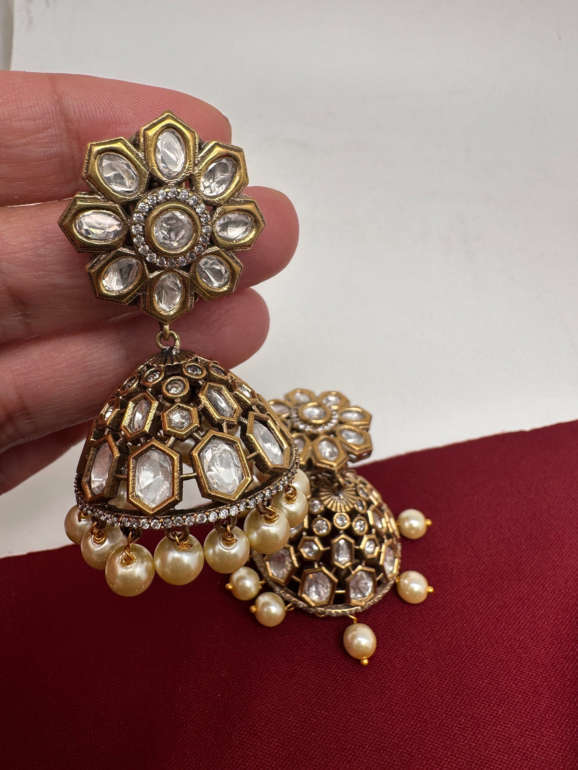 Kundan Clear Stone Victorian Finish Jhumki - White