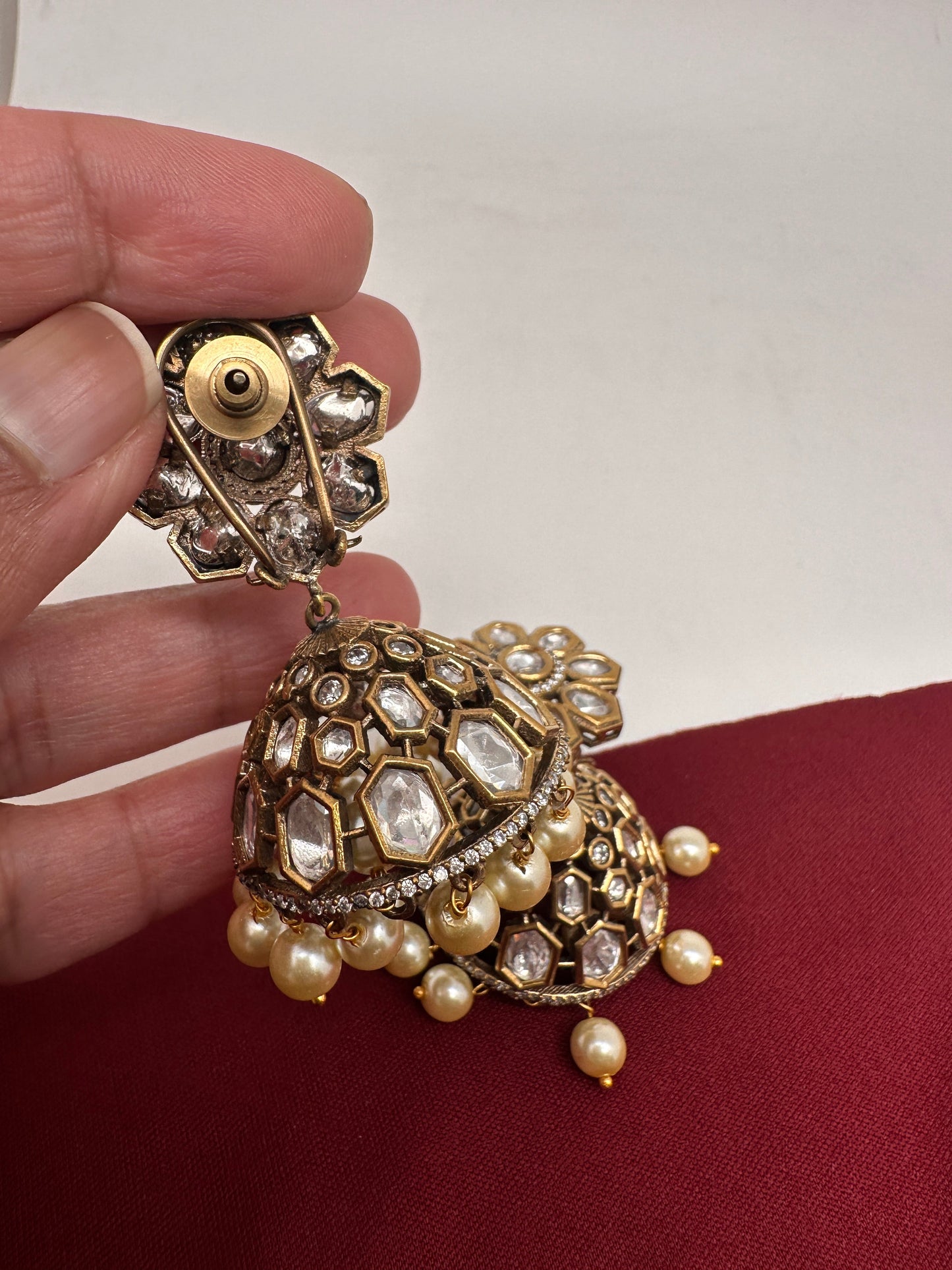 Kundan Clear Stone Victorian Finish Jhumki - White