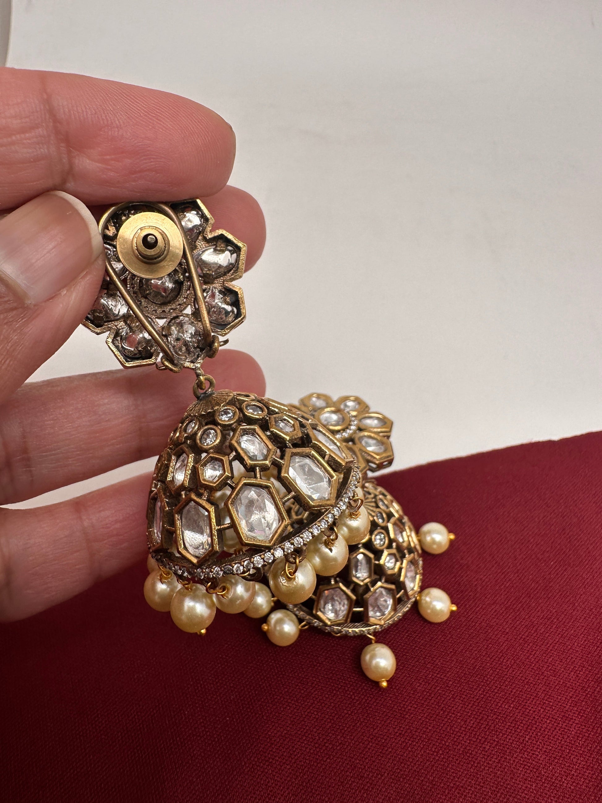 Kundan Clear Stone Victorian Finish Jhumki - White