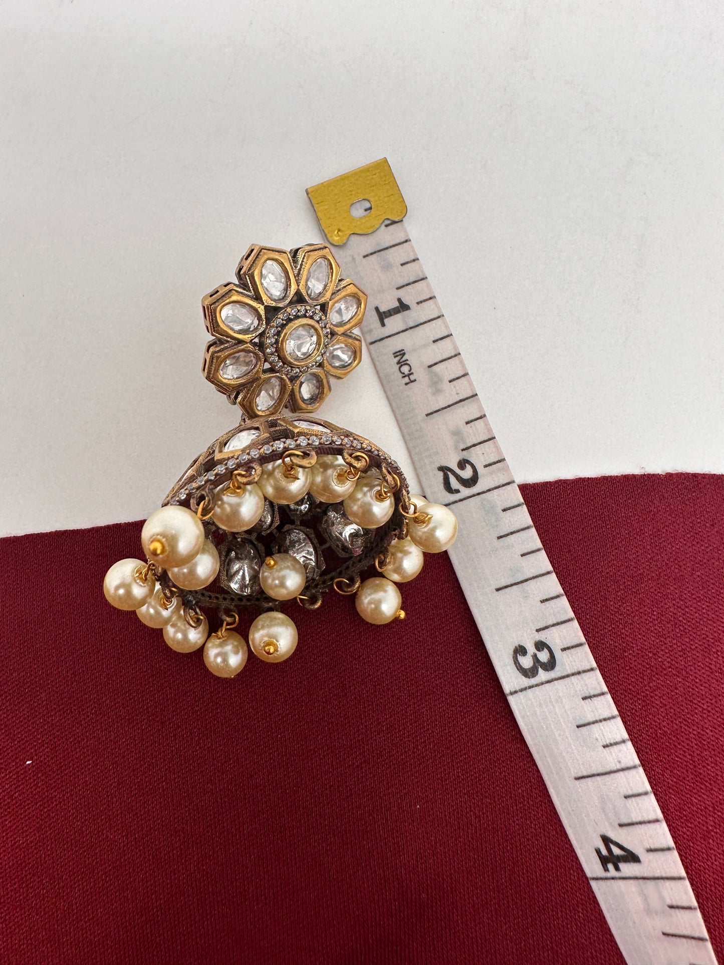 Kundan Clear Stone Victorian Finish Jhumki - White