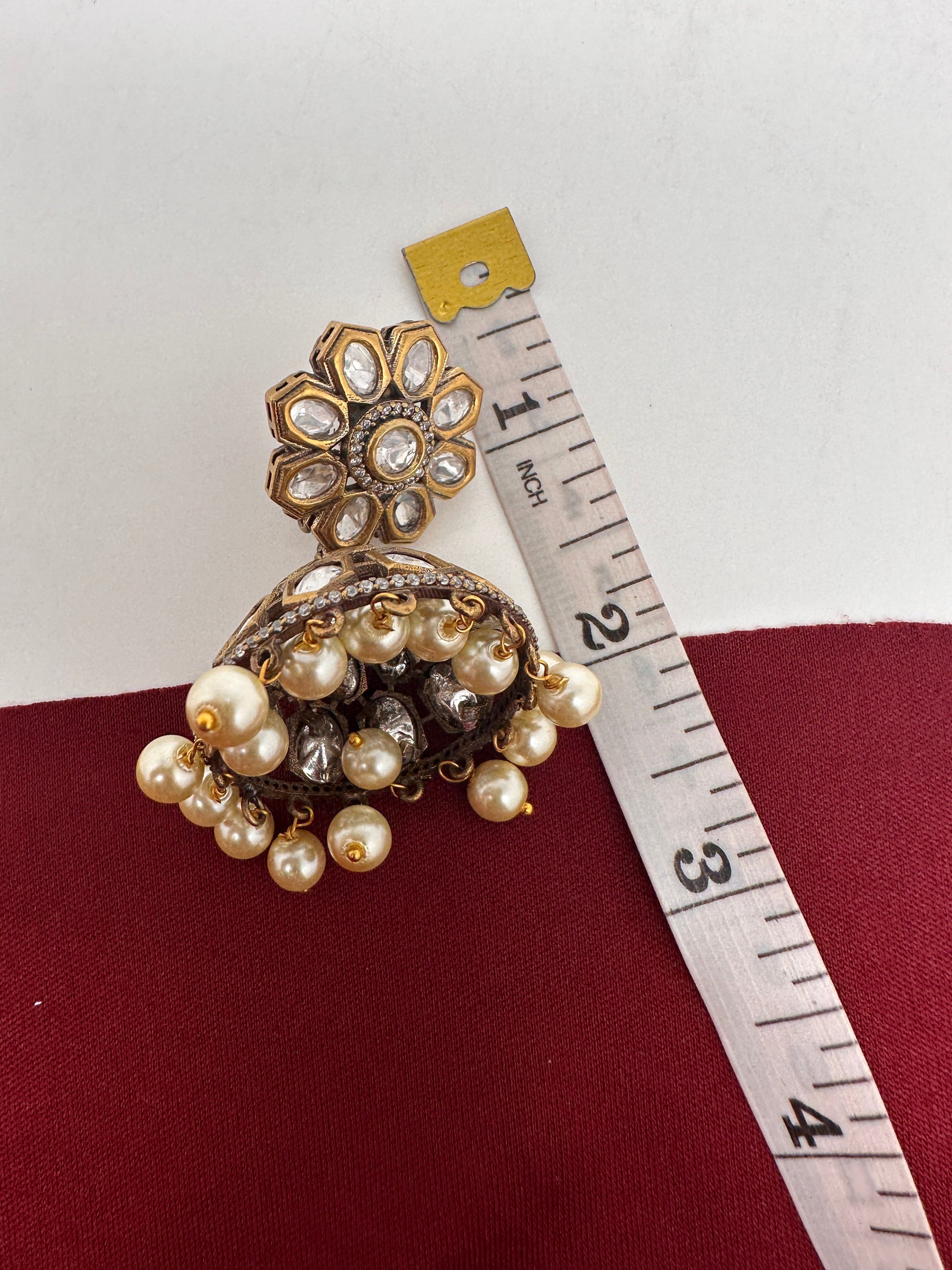Kundan Clear Stone Victorian Finish Jhumki - White