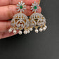 AD Color Stone Pearls Jhumki Earings - Green