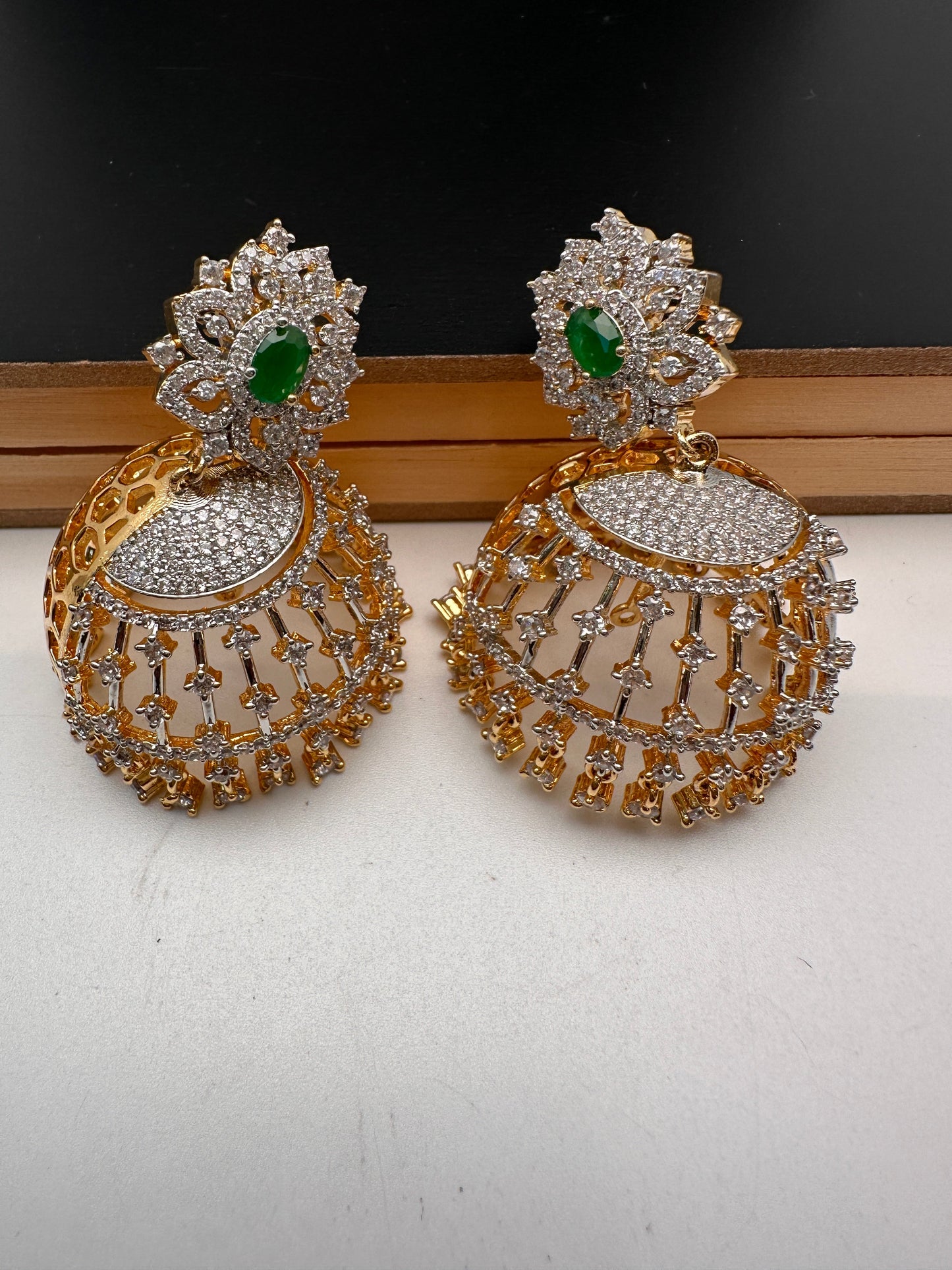 AD Color Stone Jhumki Earings - Green