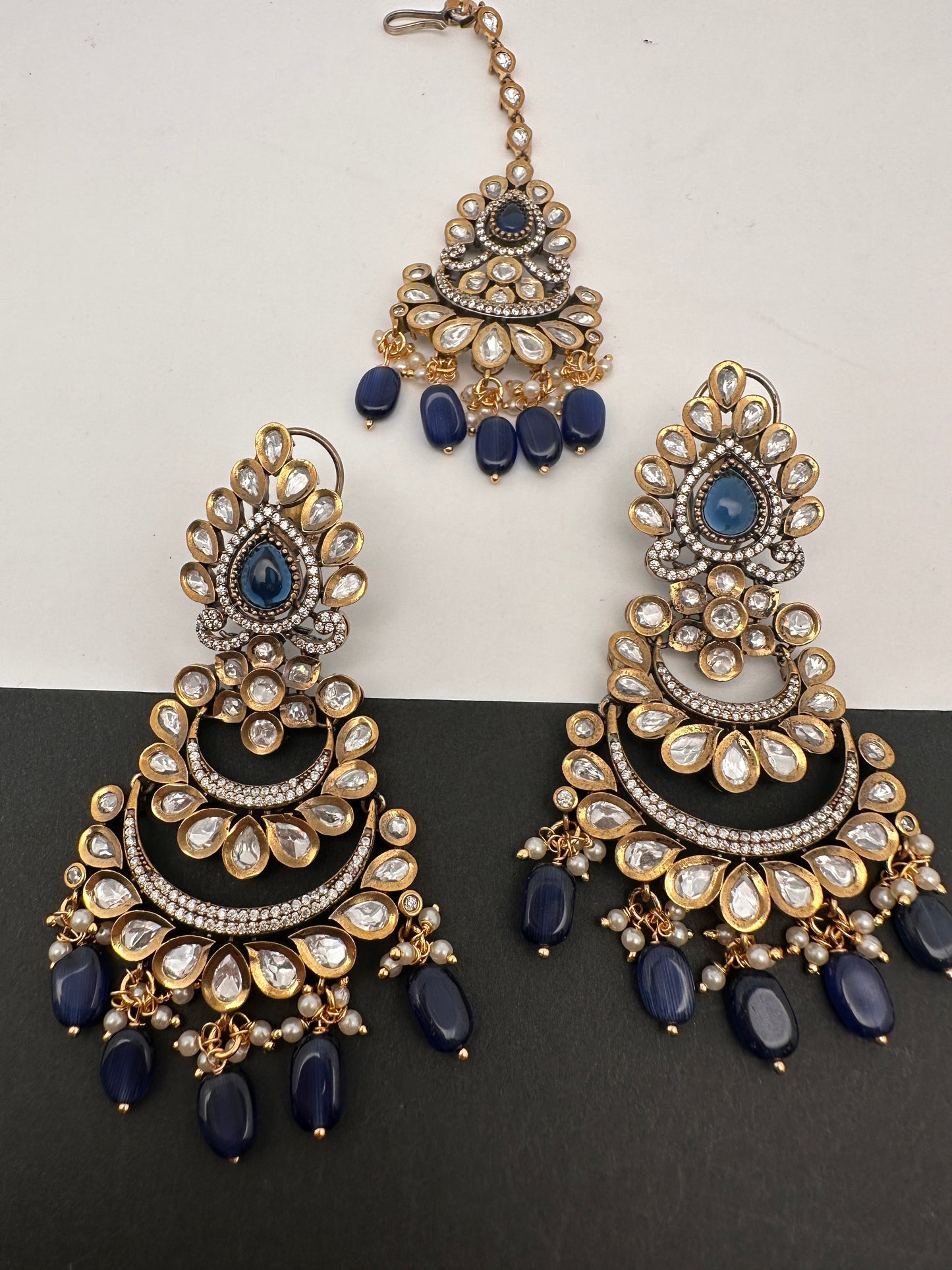Kundan Color Stone Color Beads Victorian Finish Earrings with Maang Teeka - Blue