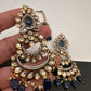 Kundan Color Stone Color Beads Victorian Finish Earrings with Maang Teeka - Blue