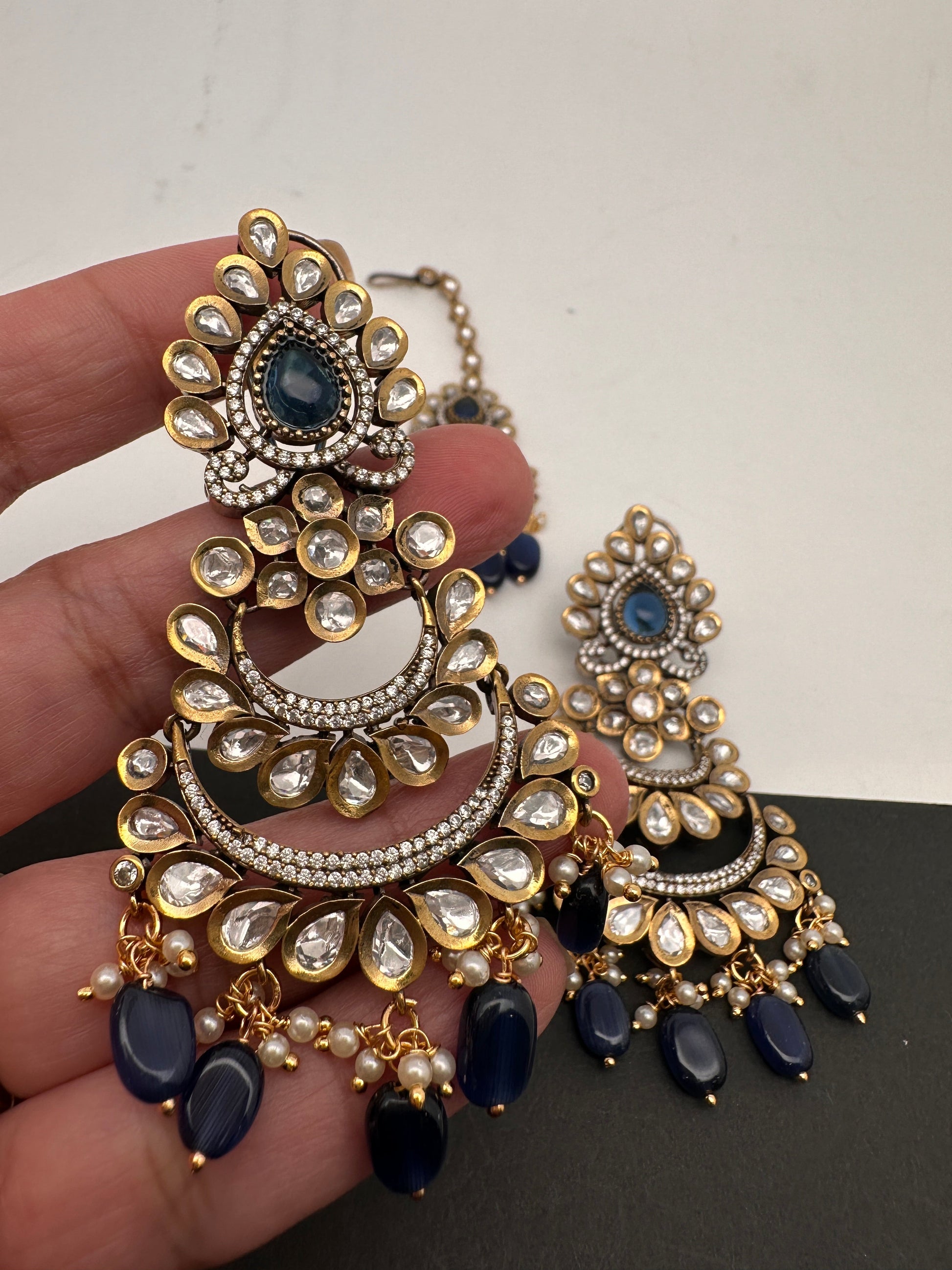 Kundan Color Stone Color Beads Victorian Finish Earrings with Maang Teeka - Blue