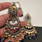 Kundan Color Stone Color Beads Victorian Finish Earrings with Maang Teeka - Blue