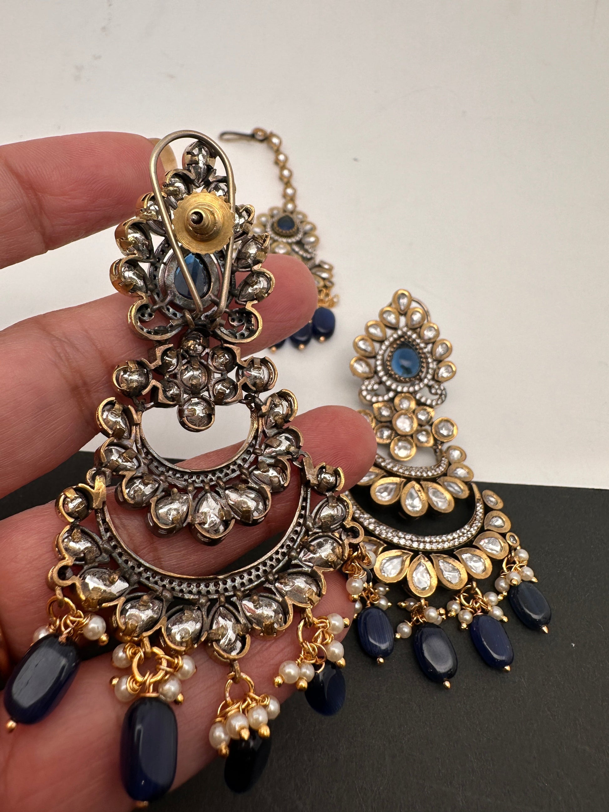 Kundan Color Stone Color Beads Victorian Finish Earrings with Maang Teeka - Blue