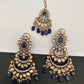 Kundan Color Stone Color Beads Victorian Finish Earrings with Maang Teeka - Blue