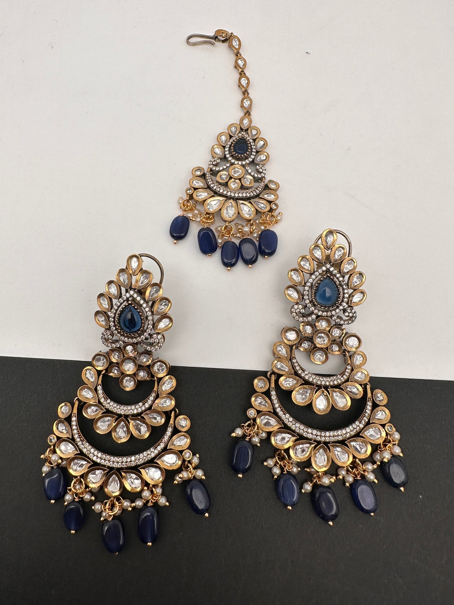 Kundan Color Stone Color Beads Victorian Finish Earrings with Maang Teeka - Blue