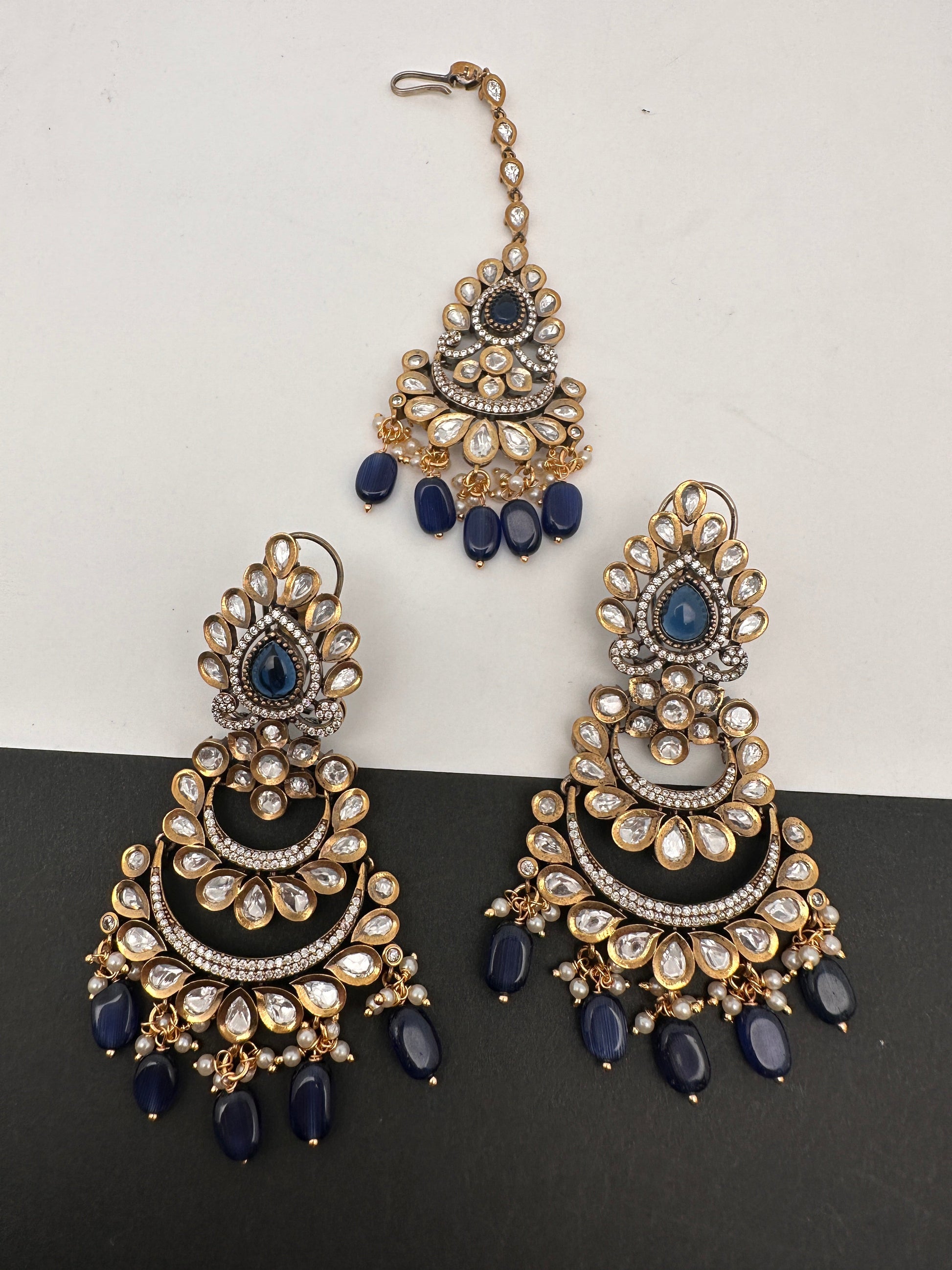Kundan Color Stone Color Beads Victorian Finish Earrings with Maang Teeka - Blue