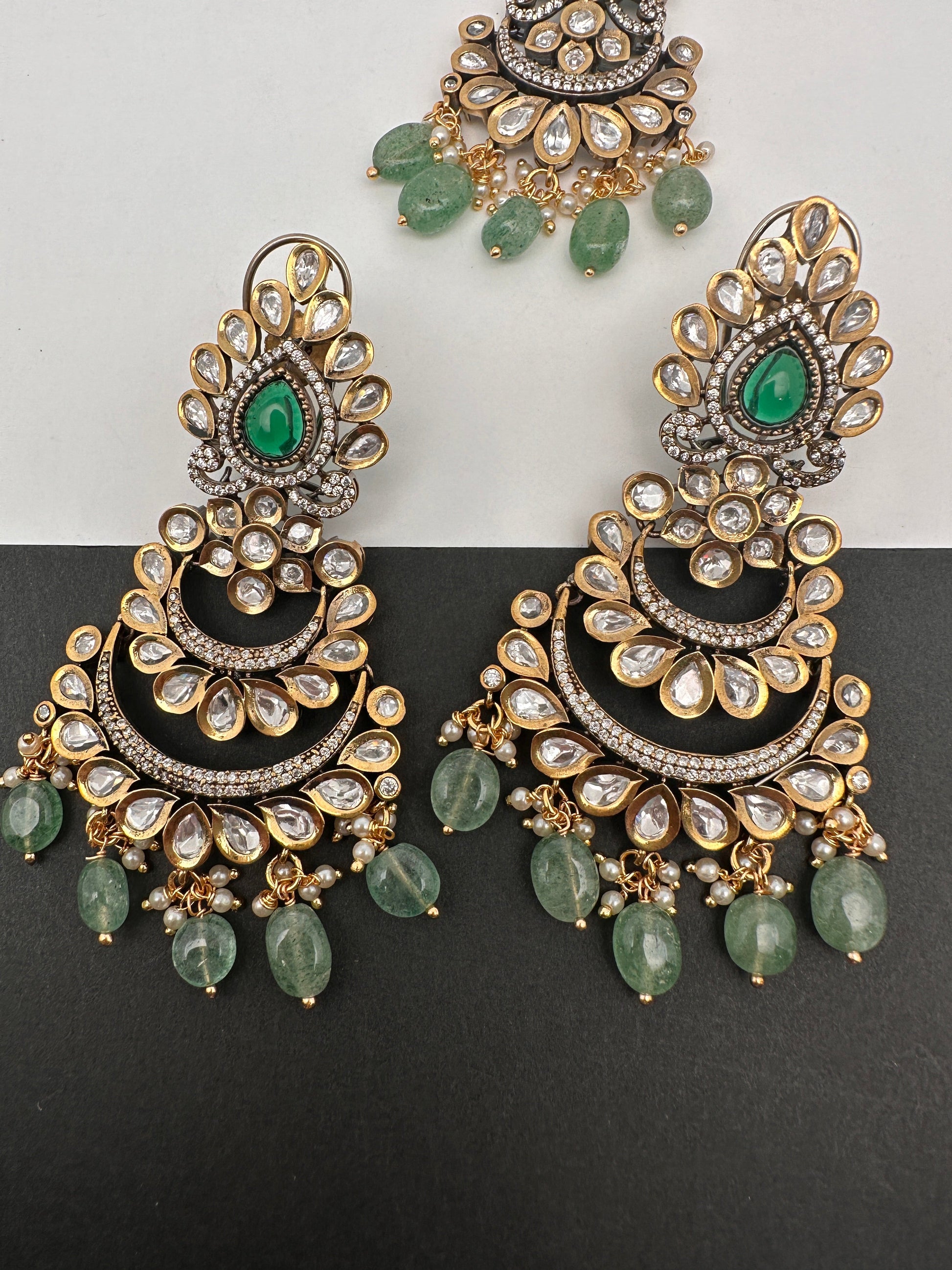 Kundan Color Stone Color Beads Victorian Finish Earrings with Maang Teeka - Green