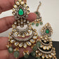Kundan Color Stone Color Beads Victorian Finish Earrings with Maang Teeka - Green