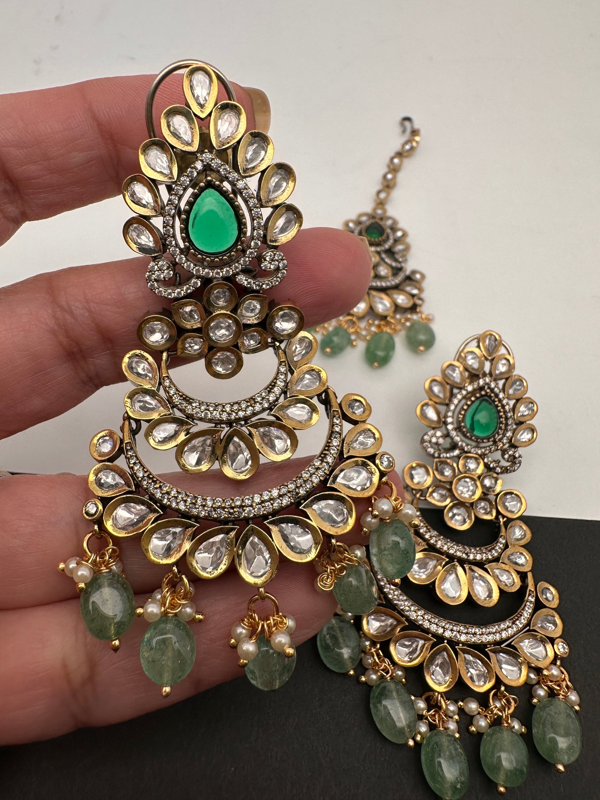 Kundan Color Stone Color Beads Victorian Finish Earrings with Maang Teeka - Green