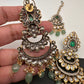 Kundan Color Stone Color Beads Victorian Finish Earrings with Maang Teeka - Green
