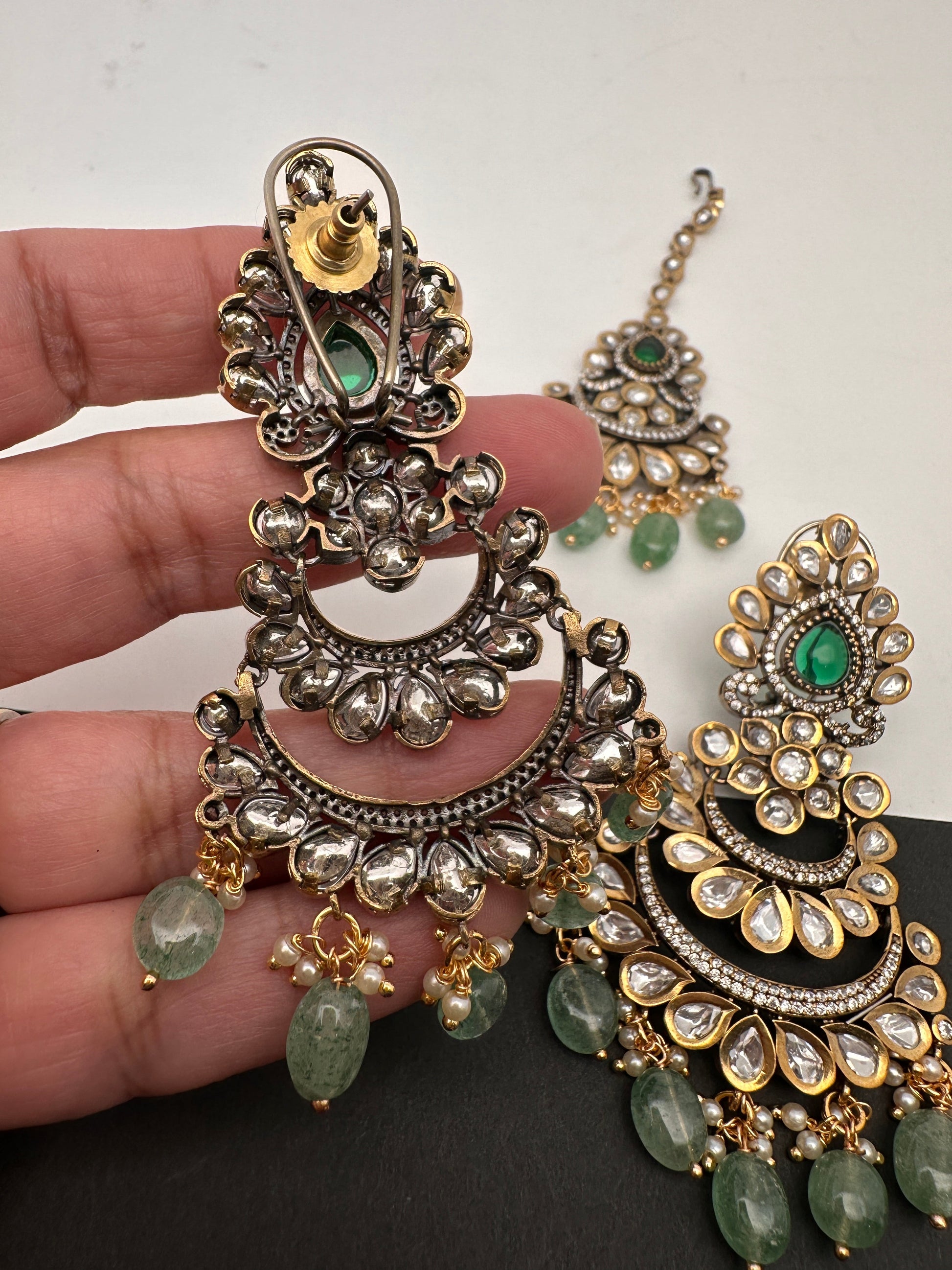 Kundan Color Stone Color Beads Victorian Finish Earrings with Maang Teeka - Green